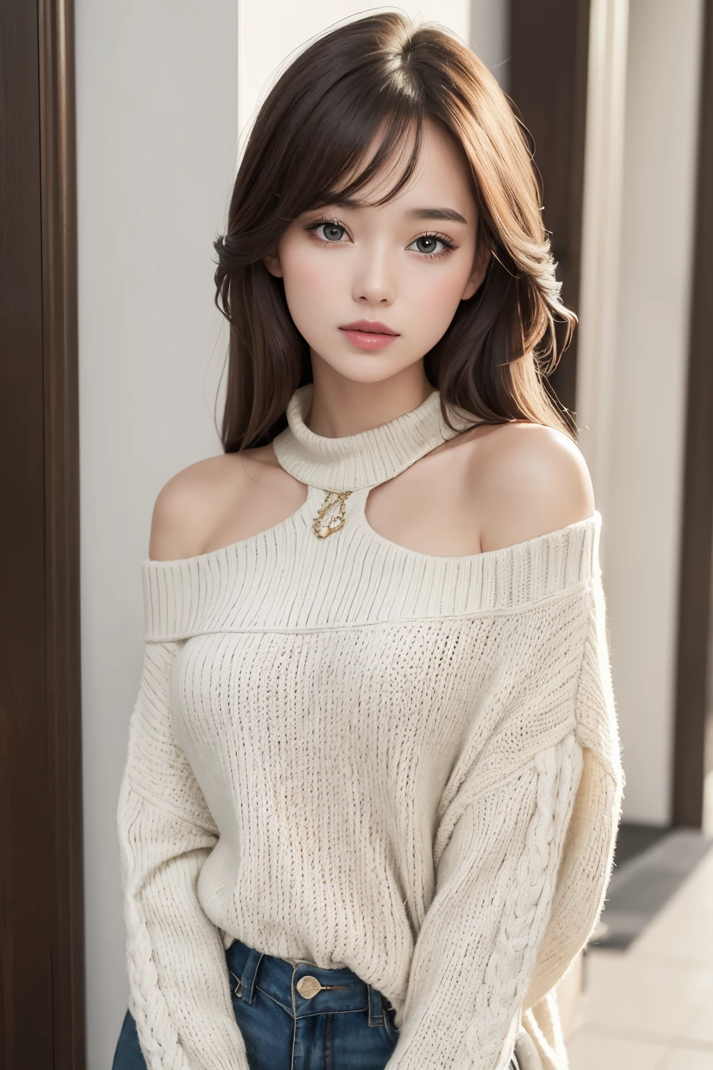 ((best qualityer)), ((work of art)), (detailded), 1 girl, shoulder to shoulder sweater,