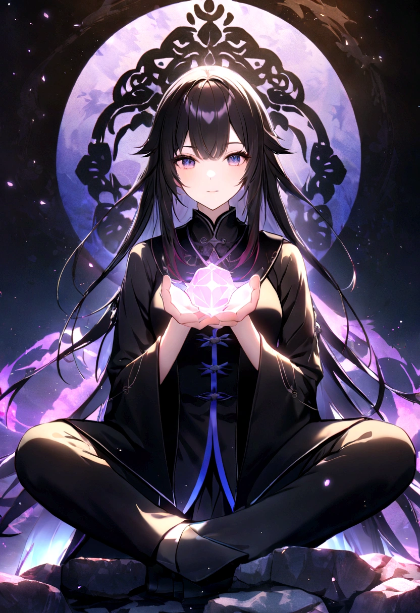 Close-up of a young Chinese Taoism leader sitting on a stone,woman,Meditate cross-legged,Taoism, Wearing a black robe,Magic Aura,Taoism master,Taoism,In the center,Facing the camera,Very bright colors, Light Particles, Luminescence, Mushf, Wallpaper Art, Ultra HD Wallpaper