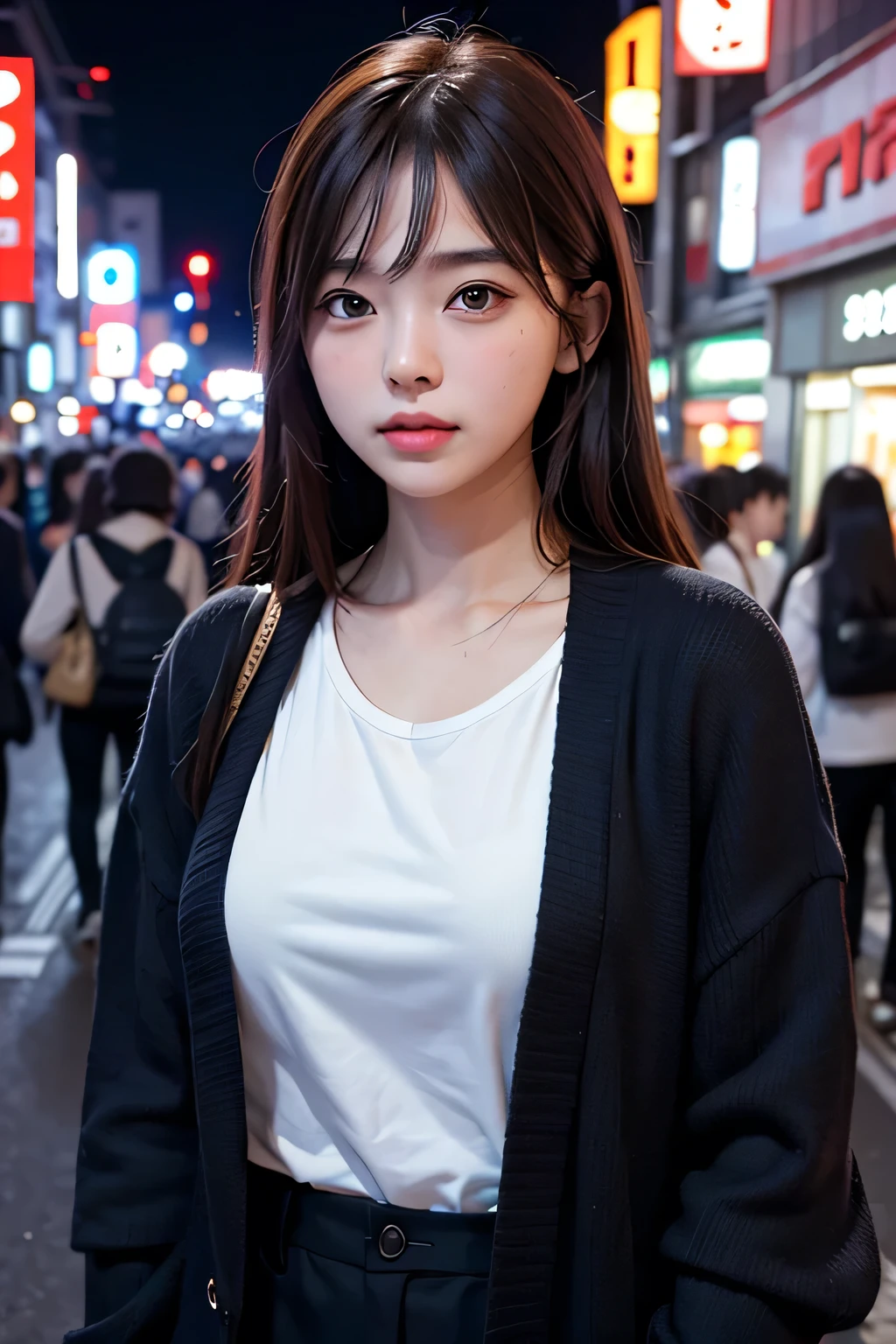 One girl, Tokyo Street,night, Cityscape,City lights, Upper Body,close, 8K, RAW Photos, Highest quality, masterpiece,Realistic, photo-Realistic,