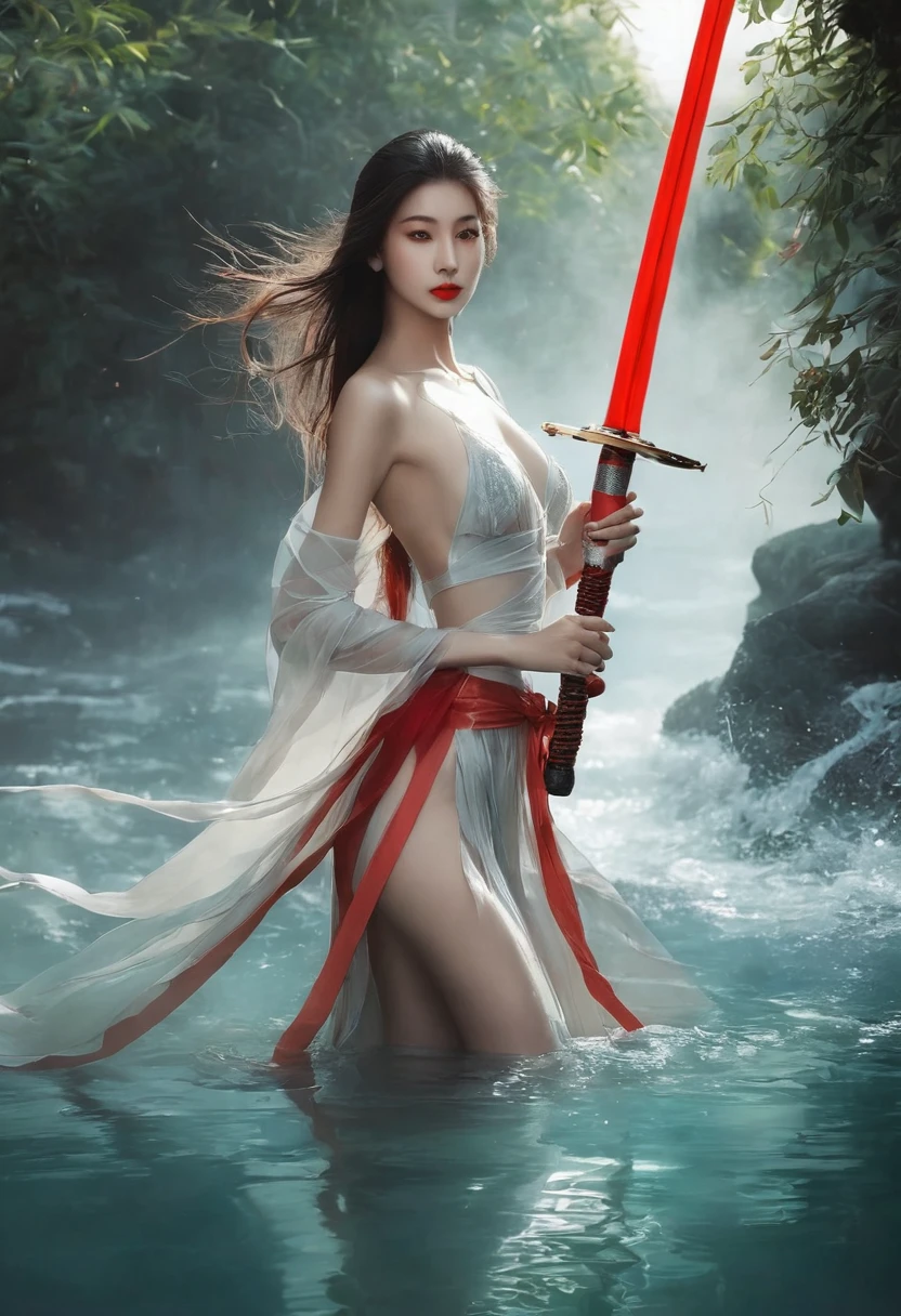 Girl with sword,Simple lines,nude,Transparent water,Chest,Cleavage,Minimalism,Holding a red long sword,