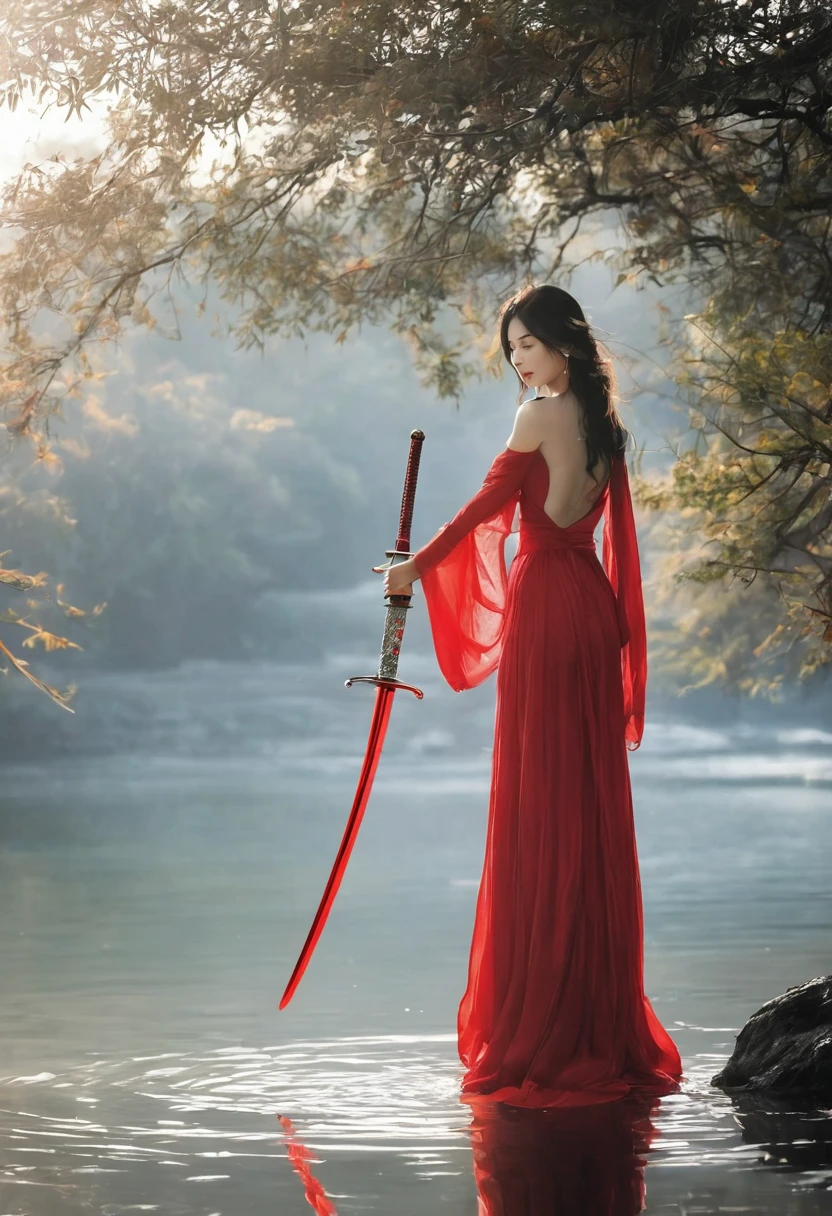 Girl with sword，Simple lines，nude，Transparent water，Chest，Cleavage，Minimalism，Holding a red long sword，