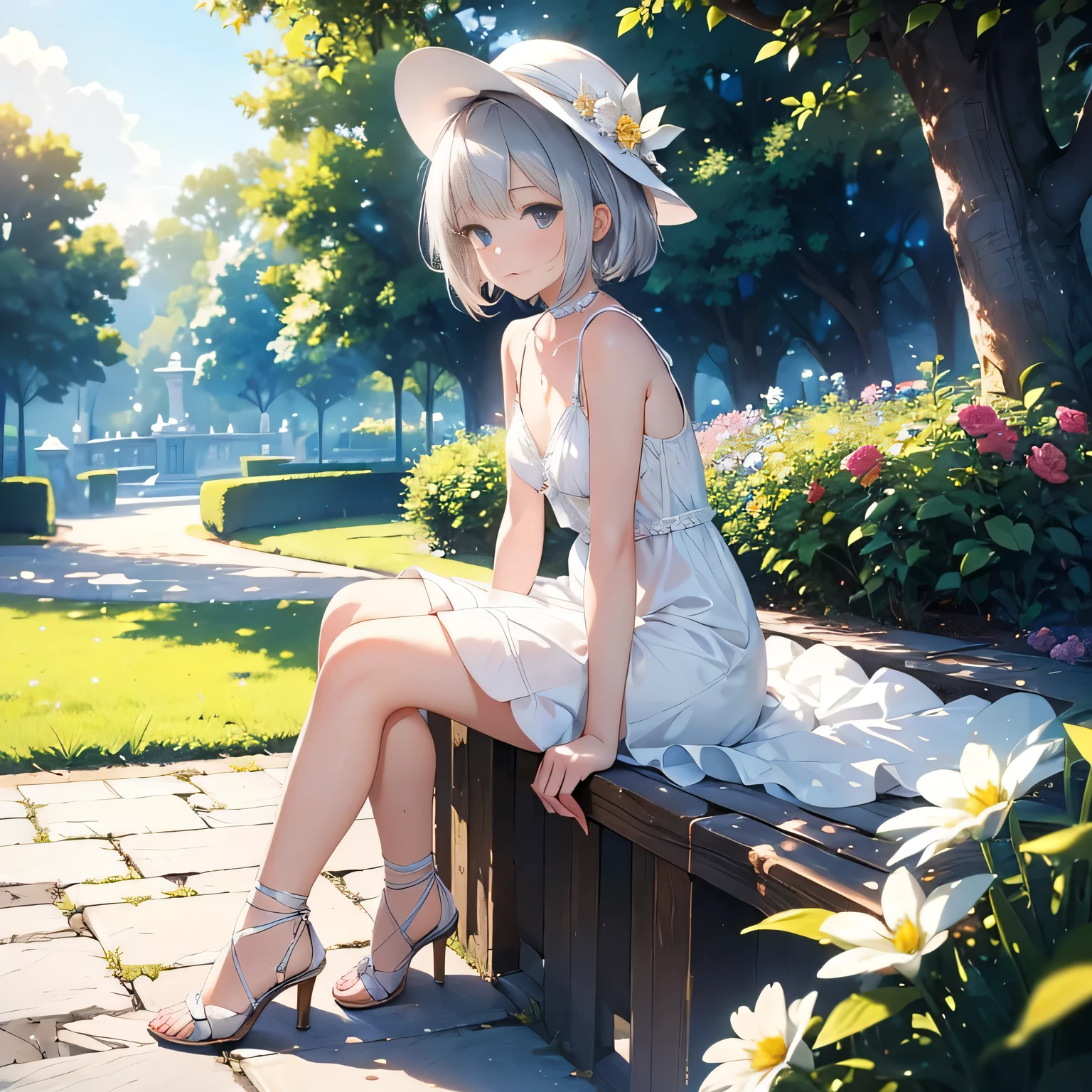 ((masterpiece:1.4, best quality)), ((masterpiece, best quality)),beautiful pixie cut silver blonde hair, cute   girl,full body, sitting in the sun,taking a nap, ((elegant summer mini dress)), white beautiful elegant hat,very cute,cute eyes,cinematic lighting and pause,beautiful flower park