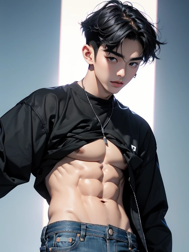 25 year old handsome korean, solo, (no shirt),no top wear ((show abs 6 pack)), black sagged jean,