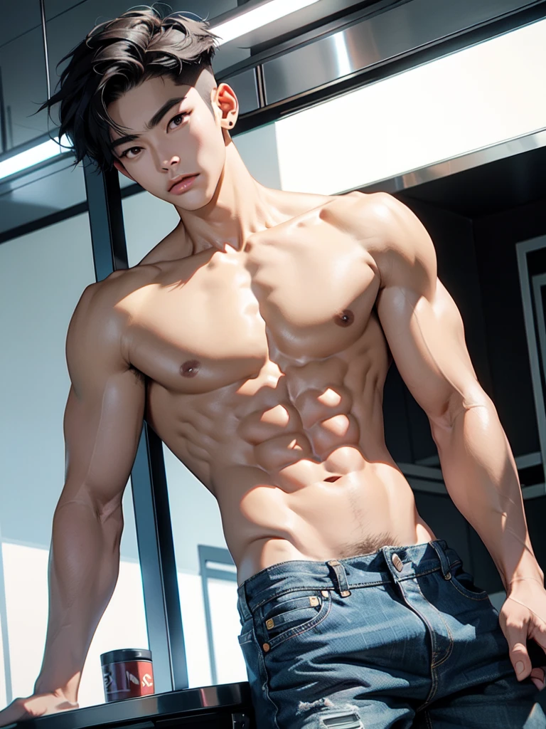 25 year old handsome korean, solo, (no shirt),no top wear ((show abs 6 pack)), black sagged jean,