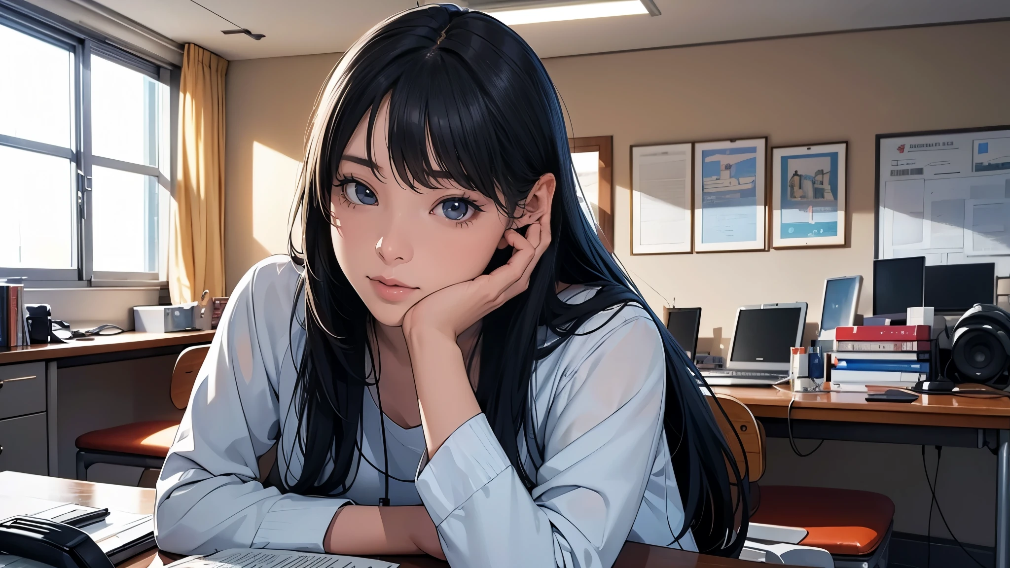 Ultra HD、super high quality、masterpiece、detailed、8K、The place is your room、A high school girl in her room1Person sitting and listening to music on headphones、Studying at a desk、The room is small、-yeld hischool girl、The high school girl is Russian and has long black hair.、Has blue eyes、Has a glamorous figure、The clothes she's wearing are a camisole, a miniskirt, and knee-high socks.、Or wearing a uniform、Pretty sexy、Lo-Fi images,The background is blurred、Nostalgic and relaxing atmosphere、The decorations are retro.、Late Night、The light is a desk lamp