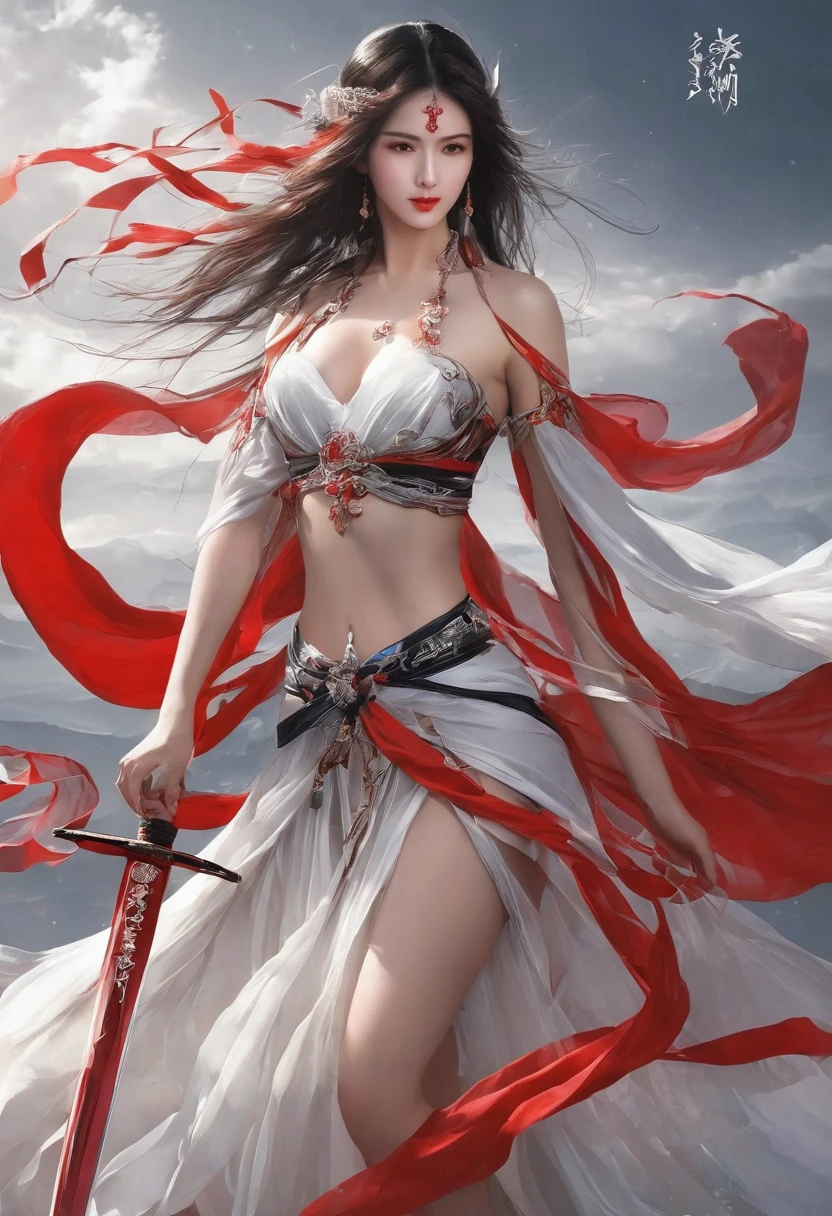 Girl with sword,Simple lines,(Naked 1:5),transparent,Big breasts,Cleavage,Minimalism,Holding a red long sword,