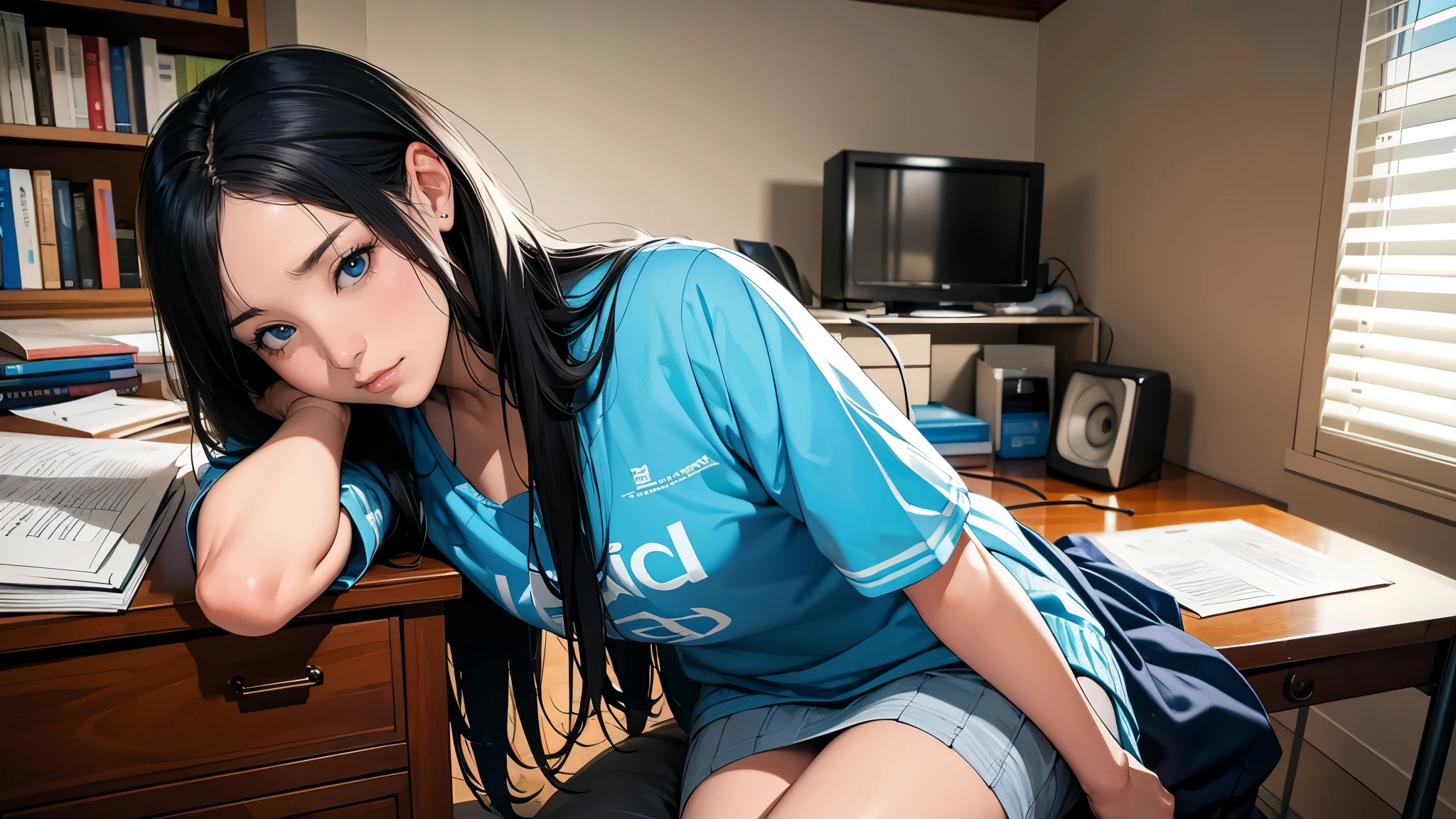Ultra HD、super high quality、masterpiece、detailed、8K、The place is your room、A high school girl in her room１Person sitting and listening to music on headphones、studying、15-year-old high school girl、The high school girl is Russian and has long black hair.、Has blue eyes、She has a flower tattoo and a glamorous figure.、The clothes she&#39;s wearing are a dance fashion set.、Pretty sexy、Lo-Fi images