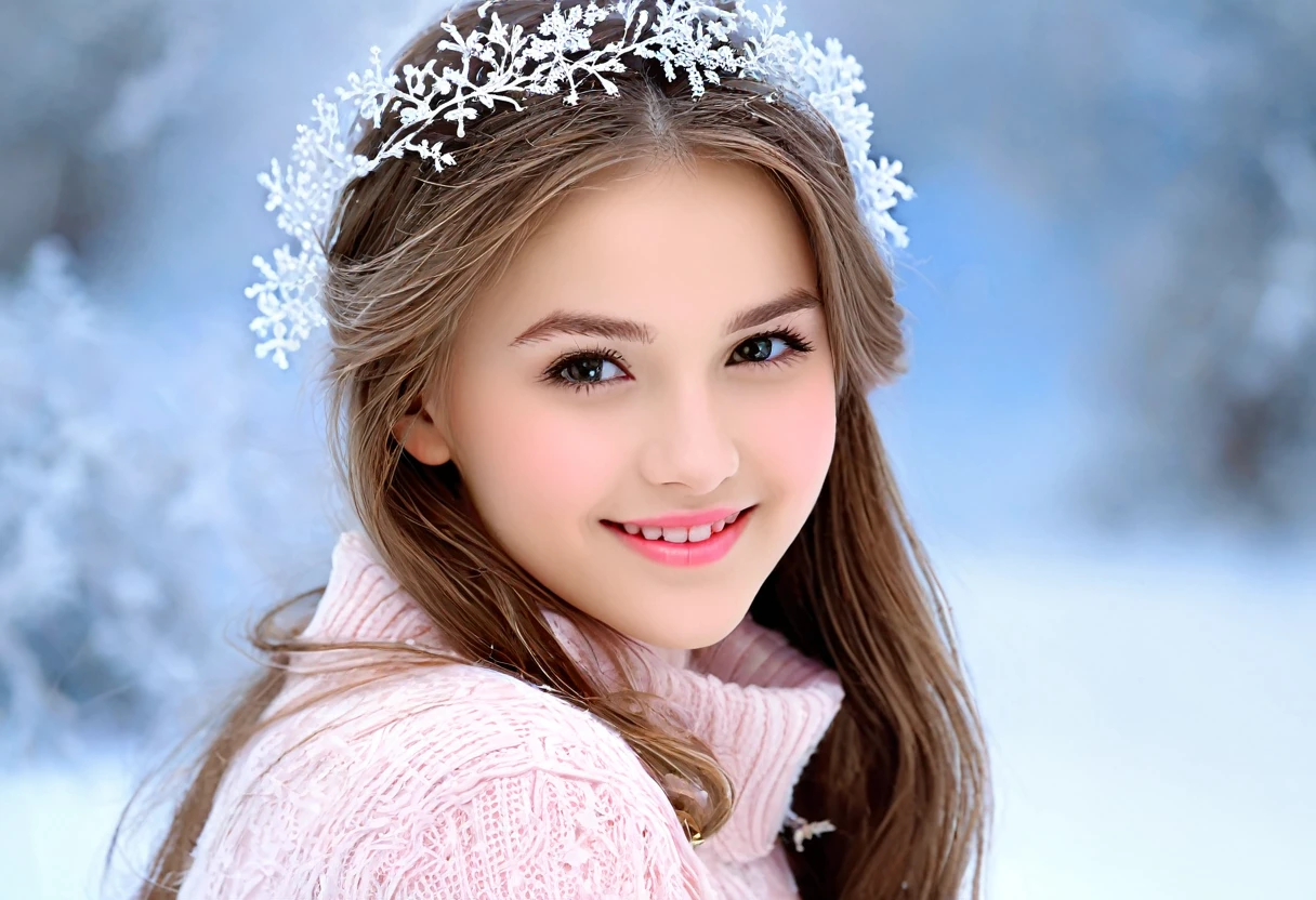 A frost-kissed maiden of 21 years, exuding an aura of sweetness and charm. Her youthful beauty shines through in her innocent gaze and charming smile. This enchanting portrait captures the essence of a delicate and lovely girl. The image, whether a photograph or painting, is rendered flawlessly, highlighting her cool and sweet demeanor. Every detail, from the silky strands of hair to the rosy blush on her cheeks, is depicted with exquisite precision. A true masterpiece that evokes a sense of youthful innocence and grace.
