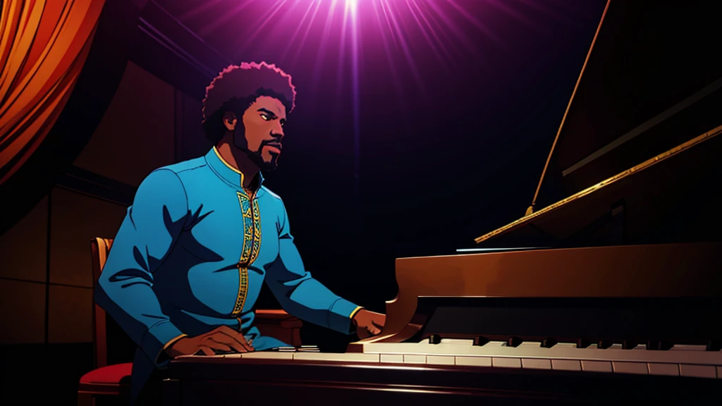 1970s, black man playing a piano, psychedelic atmosphere, cinematic action, masterpiece, super detail, textured skin, atmospheric perspective,