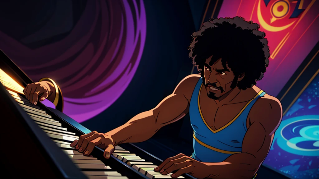 1970s, black man playing a piano, psychedelic atmosphere, cinematic action, masterpiece, super detail, textured skin, atmospheric perspective,
