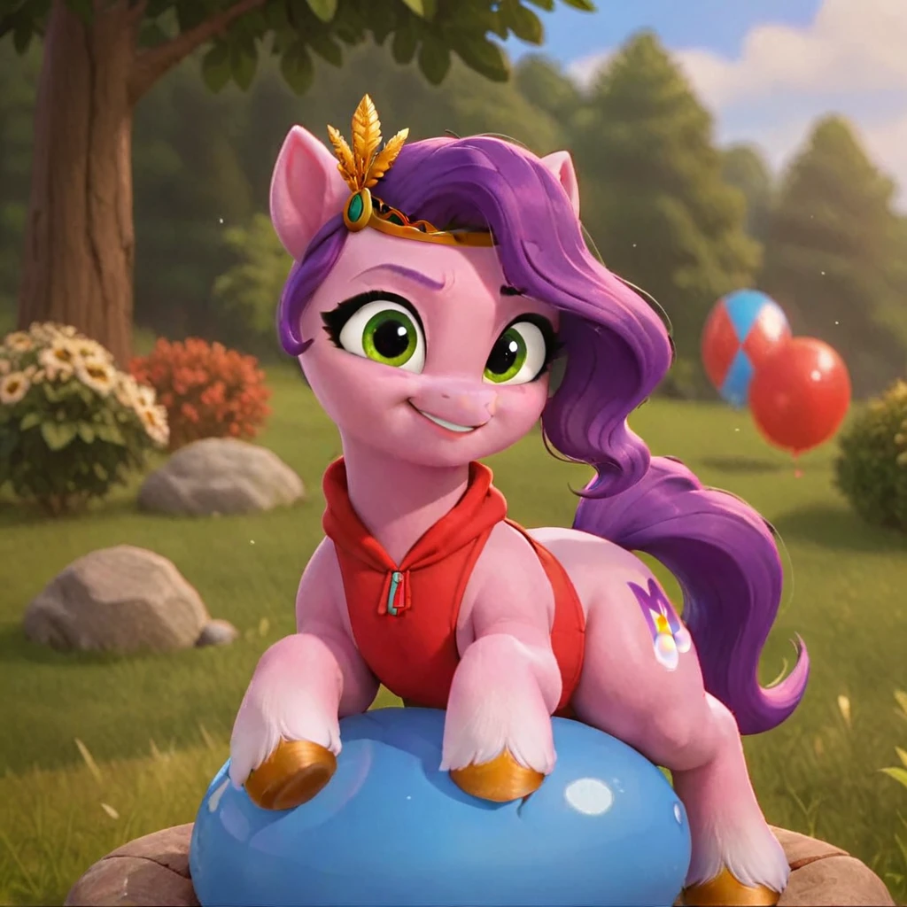 cinematic film still score_9, score_8_up, score_7_up, score_6_up, score_5_up, score_4_up, Digital art, cute,
Pipp Petals, earth pony, muscular, smirking, feral,
rating_questionable,
meadow,
(balloon fetish, looner, sitting on a balloon, balloon sitting:1.2),
(detailed balloon, one balloon, sitpop:1.3),
thick thighs, balloon fetish, sitting on a balloon, one balloon, too heavy,
(tied balloon, tight balloon, necked balloon:1.2),
foreshortening, depth of field, motion lines,
emphasis lines, impact emanata,
screencap, . shallow depth of field, vignette, highly detailed, high budget, bokeh, cinemascope, moody, epic, gorgeous, film grain, grainy
