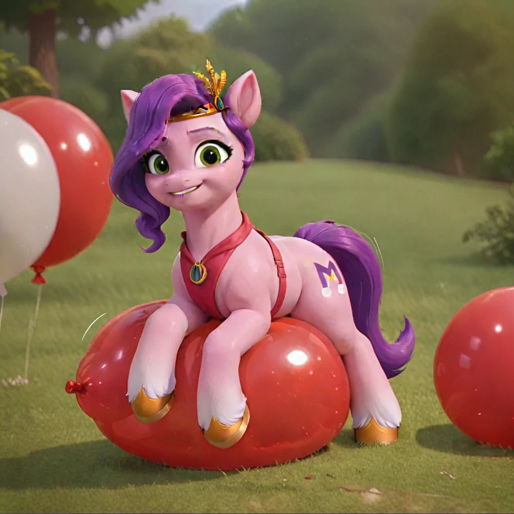 cinematic film still score_9, score_8_up, score_7_up, score_6_up, score_5_up, score_4_up, Digital art, cute,
Pipp Petals, earth pony, muscular, smirking, feral,
rating_questionable,
meadow,
(balloon fetish, looner, sitting on a balloon, balloon sitting:1.2),
(detailed balloon, one balloon, sitpop:1.3),
thick thighs, balloon fetish, sitting on a balloon, one balloon, too heavy,
(tied balloon, tight balloon, necked balloon:1.2),
foreshortening, depth of field, motion lines,
emphasis lines, impact emanata,
screencap, . shallow depth of field, vignette, highly detailed, high budget, bokeh, cinemascope, moody, epic, gorgeous, film grain, grainy