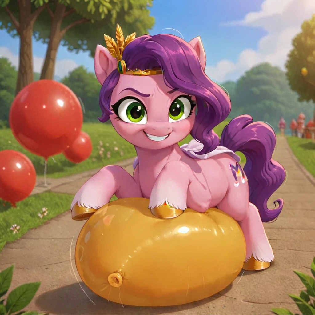 cinematic film still score_9, score_8_up, score_7_up, score_6_up, score_5_up, score_4_up, Digital art, cute,
Pipp Petals, earth pony, muscular, smirking, feral,
rating_questionable,
meadow,
(balloon fetish, looner, sitting on a balloon, balloon sitting:1.2),
(detailed balloon, one balloon, sitpop:1.3),
thick thighs, balloon fetish, sitting on a balloon, one balloon, too heavy,
(tied balloon, tight balloon, necked balloon:1.2),
foreshortening, depth of field, motion lines,
emphasis lines, impact emanata,
screencap, . shallow depth of field, vignette, highly detailed, high budget, bokeh, cinemascope, moody, epic, gorgeous, film grain, grainy