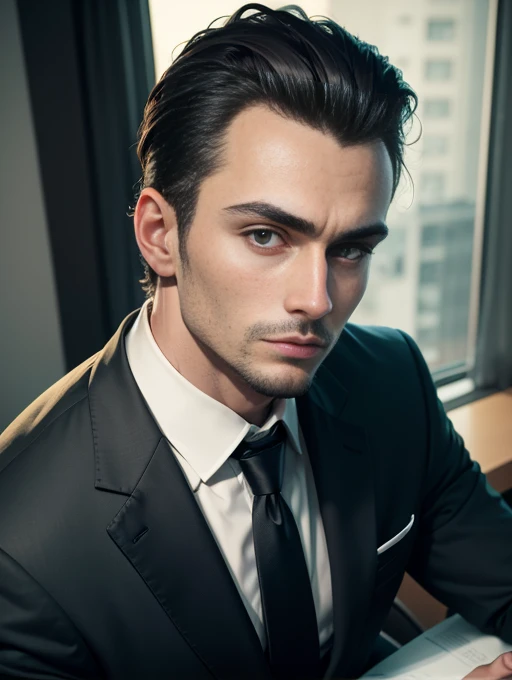 30 years old man, hair combed up, suit and tie, rosto simétrico, expression neutra, dark bedroom, moonlight coming through the window