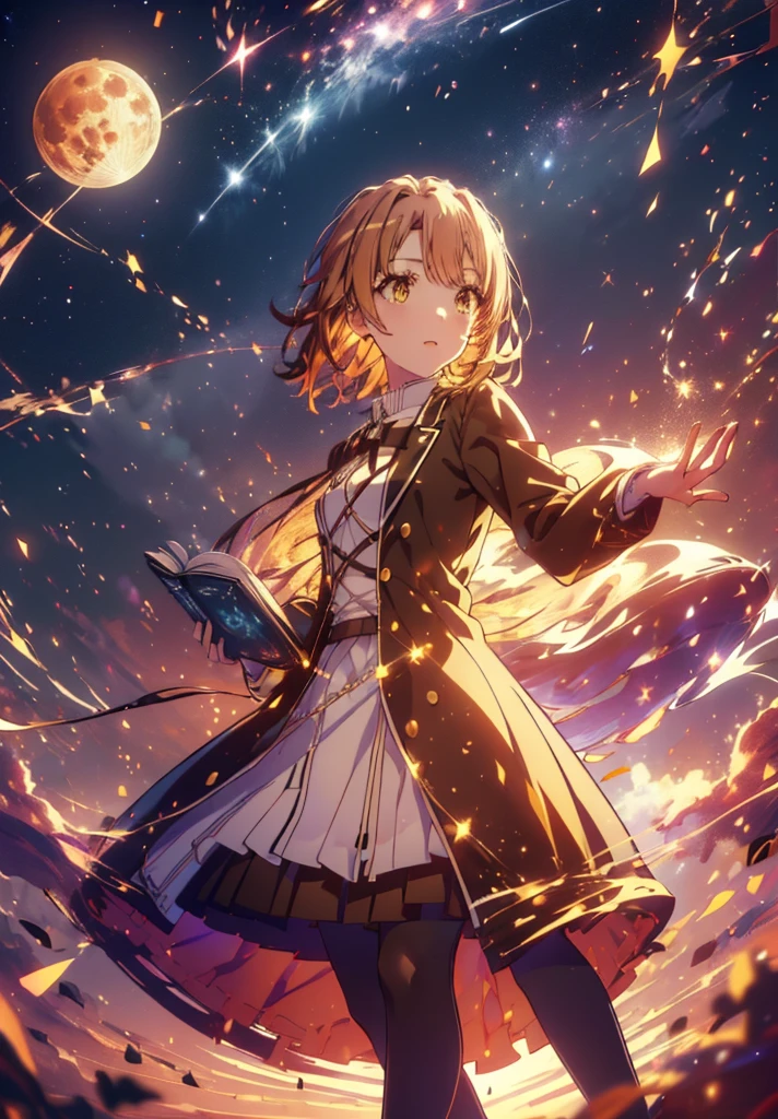 Irohaisshiki, isshiki iroha, Short Hair, Brown Hair, (Brown eyes:1.5), smile,((Night Sky)),((Big full moon)),((Sparkling and colorful stars)),Fluffy hair,((Idol style costume with soft volume)),Long skirt,Pointed shoes,Holding a magic book in his right hand,Uses magic with left hand,((witch)),Rubik&#39;s Square,So that the whole body goes into the illustration,
break outdoors, forest,forest
break looking at viewer,Upper Body,
break (masterpiece:1.2), Highest quality, High resolution, unity 8k wallpaper, (shape:0.8), (Narrow and beautiful eyes:1.6), Highly detailed face, Perfect lighting, Highly detailed CG, (Perfect hands, Perfect ???????),
