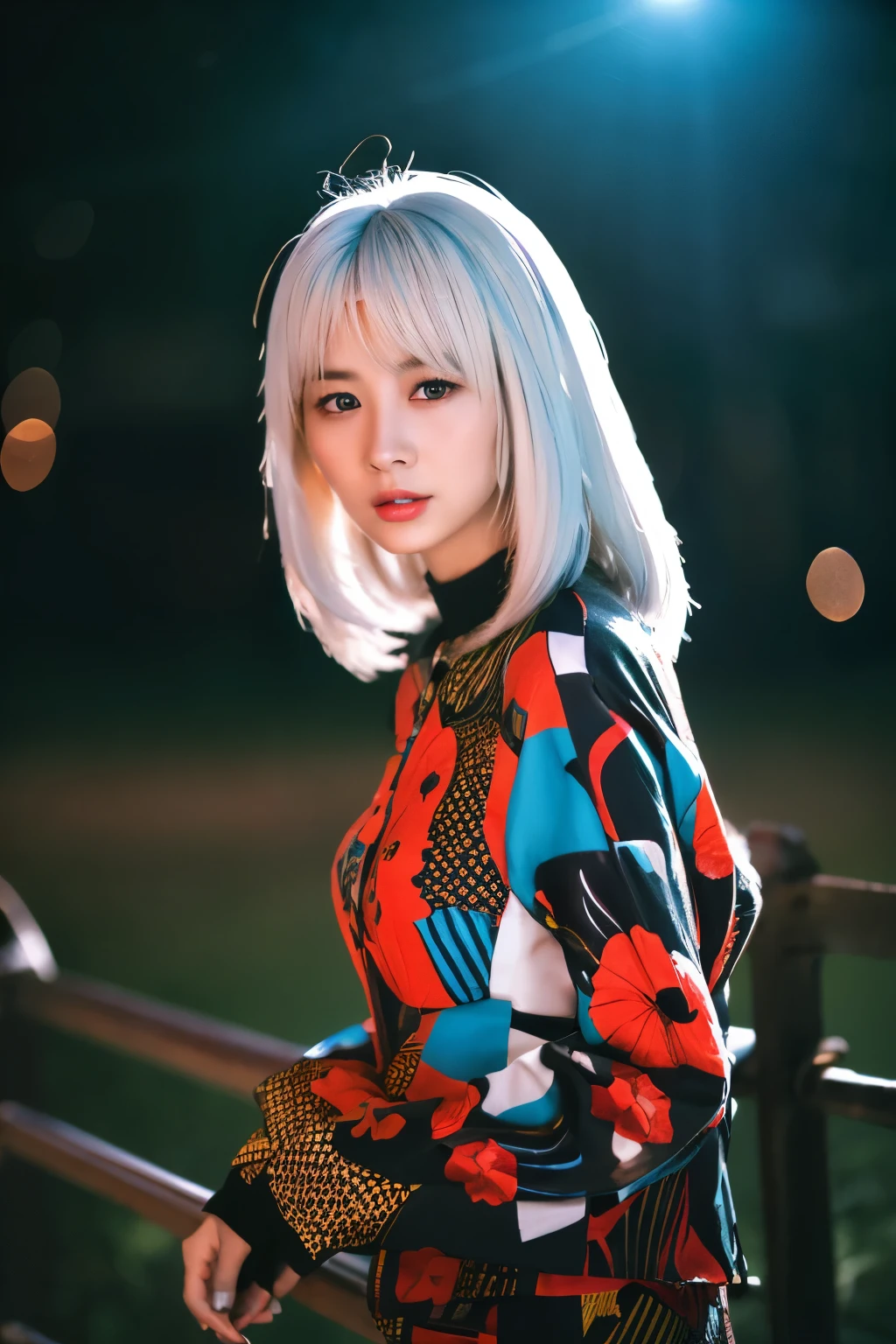 Masterpiece, high quality, high resolution, 8K, (solo:1.2), ((1girl)), Japanese woman, detailed face, detailed eyes, correct body structure, upper body, ((White hair:1.2)), very long hair, messy hair, slender body, seductive silhouette, luminous bones, depth of field, dark photo at nighttime, dimly lit, bangs, Cinematic Lighting, Tyndall effect, abstract background, futuristic outfits, vibrant colors, modern style, wide sleeves, artistic, unique patterns, colorful, stylish, trendy