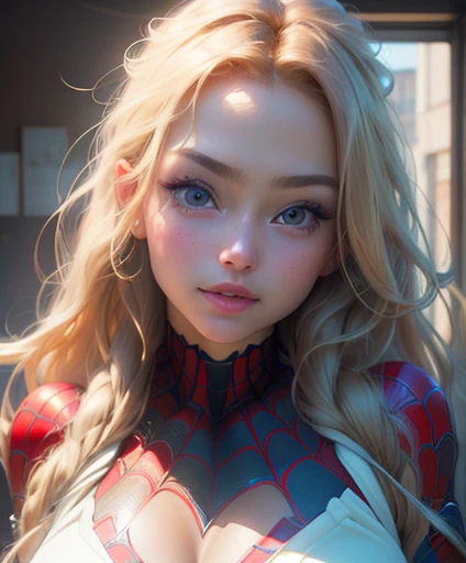 ((realistic light, best qualityer, 8K, work of art :1.3)), Selfie, 1 girl, pretty woman with perfect figure :1.4, Abdomen :1.1, (chestnut hair, Breasts huge :1.5, breasts big, breasts big, gigantic breastss), (spider man cosplay :1.2), (thick-thighs, Broad Hips), bed-in, Face ultra detailed, detailedeyes, double eyelid, perfect hands perfect fingers perfect breasts perfect hair perfect face perfect body perfect, (soft ivory bright white skin)
