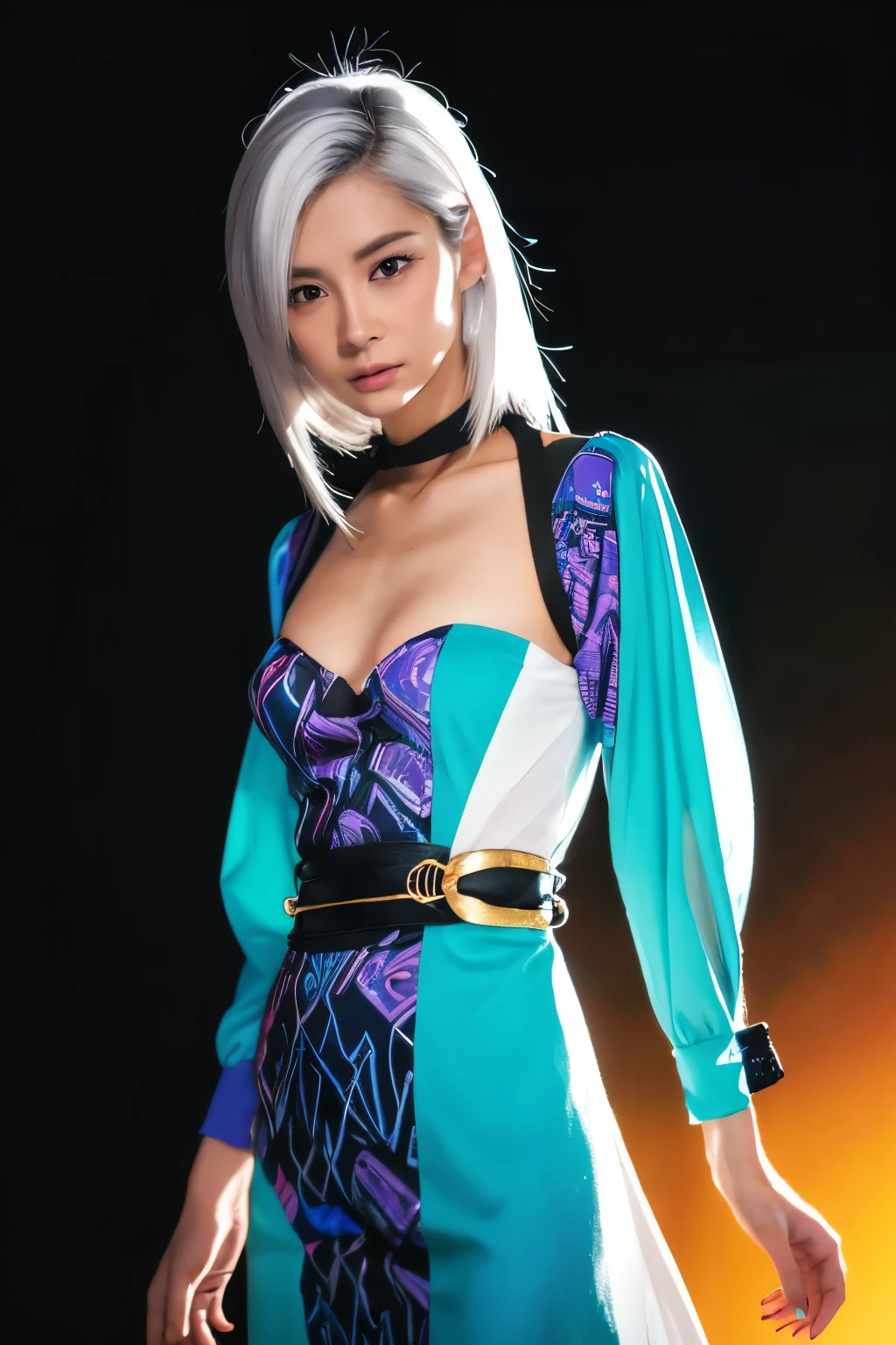 Masterpiece, high quality, high resolution, 8K, (solo:1.2), ((1girl)), Japanese woman, detailed face, detailed eyes, correct body structure, upper body, ((White hair:1.2)), very long hair, messy hair, slender body, seductive silhouette, luminous bones, depth of field, dark photo at nighttime, dimly lit, bangs, Cinematic Lighting, Tyndall effect, abstract background, futuristic outfits, vibrant colors, modern style, wide sleeves, artistic, unique patterns, colorful, stylish, trendy