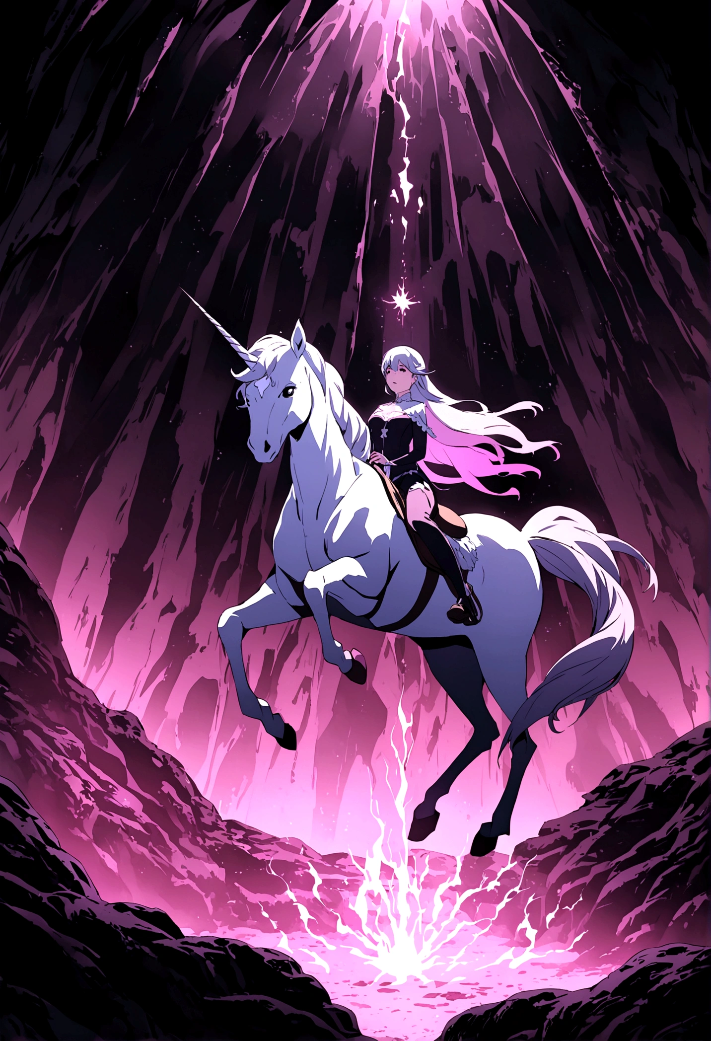 There is a poster of a woman riding a horse in a cave., A magical aura surrounds her, Woman riding a flying unicorn, Channeling mystical energy, Very mysterious, Mysterious still images,