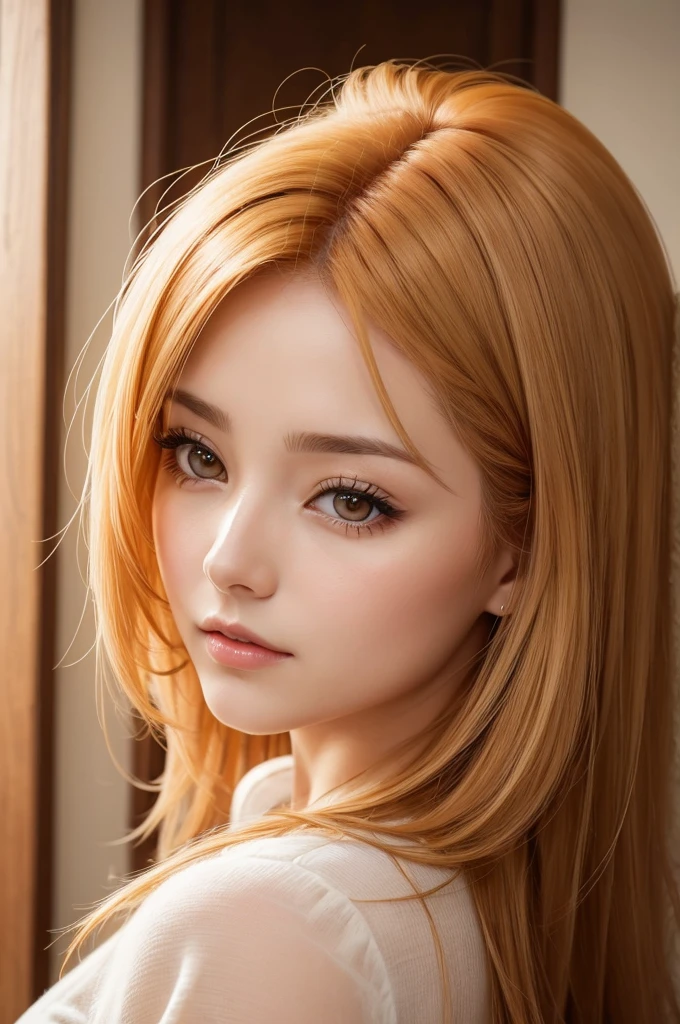 An adult woman with honey-colored hair, honey eyes,