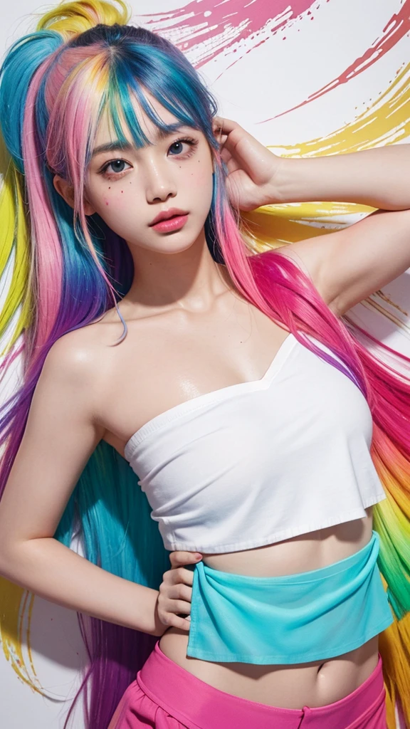 （Pink fashion T-shirt：1.9），（Colorful hair：1.8），（Rainbow all colors：1.8），（（（（Vertical painting：1.6)）），（painting of a：1.6），frontage，comic strip,illustration,painting of a,largeeyes,crystal-clear,（rainbow color gradient high ponytail：1.7）,Delicatemakeup,Keep one's mouth shut,(Small Fresh:1.5),(Bandeau:1.6),long eyelasher,White shoulder T- shirt, White Shoulder Shirt，looking at viewert，watery big eyes，A plump chest，cleavage，(rainbow colour hair：1.6), colored splashing, （Solo：1.8）, colored splashing, Color explosion, Color splattering, Color explosion, Thick lacquer style，Messy lines，((Shining)) ，(Colorful), (Colorful), (Colorful), Colorful, Thick Paint Style, (Splash) (colored splashing), Vertical painting, Upper body, paint splatter, Acrylic Pigment, Gradient, Paint, Highest image quality, Highest image quality, Masterpiece, Solo, Depth of field, facepaint, Colorful clothes, (ellegance: 1.2), opulent, long whitr hair, ventania, (ellegance: 1.3), (petals: 1.4)，(((Masterpiece))),(((Best quality at best))),((ultra - detailed)),(illustratio),(dynamic angle),((floatking)),(Paintwork),((Loose hair)),(Solo),(1girll) , (( (Detailed anima face))),((Beautiful detailed face)),collars,exposed bare shoulders,whaite hair,((The color hair)),((Striped hair)),Beautiful detailed eyes,(Gradient color eyes),(( （Colored eyes））），（（（coloured background））），（（（high saturated））），（（（Surrounded by colorful splashes）））、、huge breasts、huge boobs、huge breasts、huge boobs、huge breasts、huge boobs、huge breasts、huge boobs、huge breasts、huge boobs、huge breasts、huge boobs、huge breasts、huge boobs、huge breasts、huge boobs、huge breasts、huge boobs、huge breasts、huge boobs、huge breasts、huge boobs、huge breasts、huge boobs、huge breasts、huge boobs、huge breasts、huge boobs、huge breasts、huge boobs、huge breasts、huge boobs、huge breasts、huge boobs、huge breasts、huge boobs、huge breasts、huge boobs、huge breasts、huge boobs、huge breasts、huge boobs、huge breasts、huge boobs、huge breasts、huge boobs、huge breasts、huge boobs、huge breasts