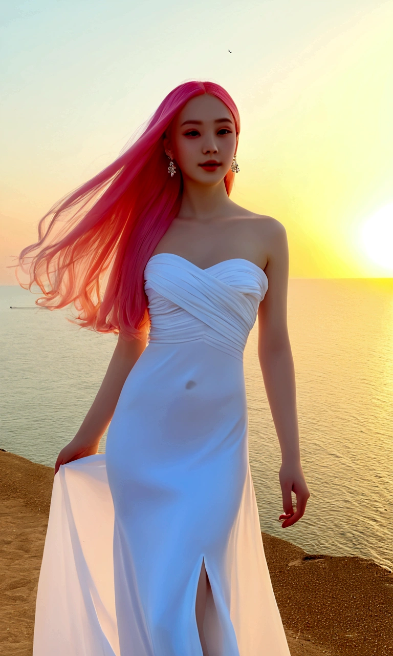 beautiful woman with long hair,hair styled, ((top quality、8k、Masterpiece:1.3))、Extremely delicate and beautiful girl,full-body shot,, H cup, Bandeau maxi dress,sunset,sunset。 Wear big earrings,Very white skin, Reveal a little,White and smooth skin,Smooth and fair skin,flawless skin,Fair and shiny skin,cold white skin, bright light, long pink hair, wide angle shot