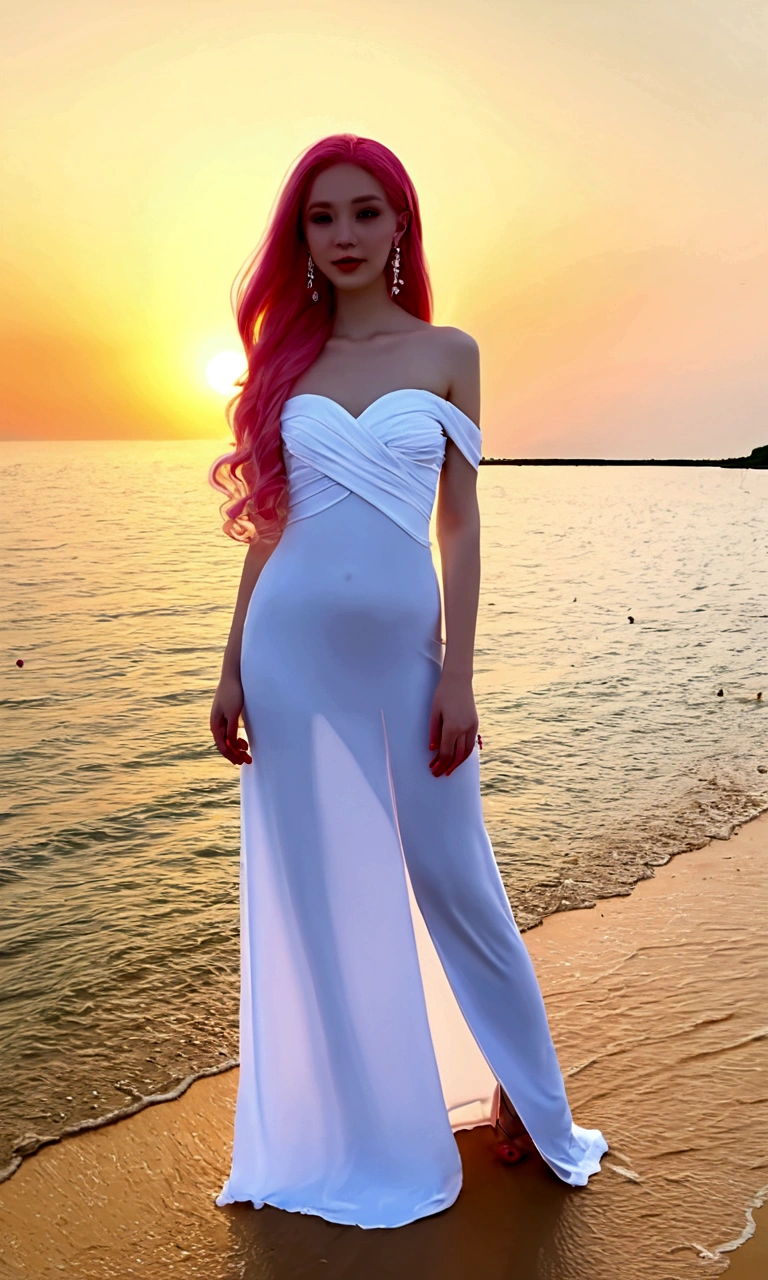 beautiful woman with long hair,hair styled, ((top quality、8k、Masterpiece:1.3))、Extremely delicate and beautiful girl,full-body shot,, H cup, Bandeau maxi dress,sunset,sunset。 Wear big earrings,Very white skin, Reveal a little,White and smooth skin,Smooth and fair skin,flawless skin,Fair and shiny skin,cold white skin, bright light, long pink hair, wide angle shot