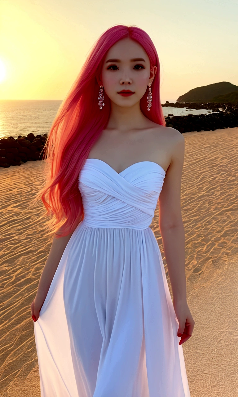 beautiful woman with long hair,hair styled, ((top quality、8k、​Masterpiece:1.3))、Extremely delicate and beautiful girl，full-body shot，， H cup， Bandeau maxi dress，sunset，sunset。 Wear big earrings，Very white skin， Reveal a little，White and smooth skin，Smooth and fair skin，flawless skin，Fair and shiny skin，cold white skin, bright light, long pink hair, wide angle shot

