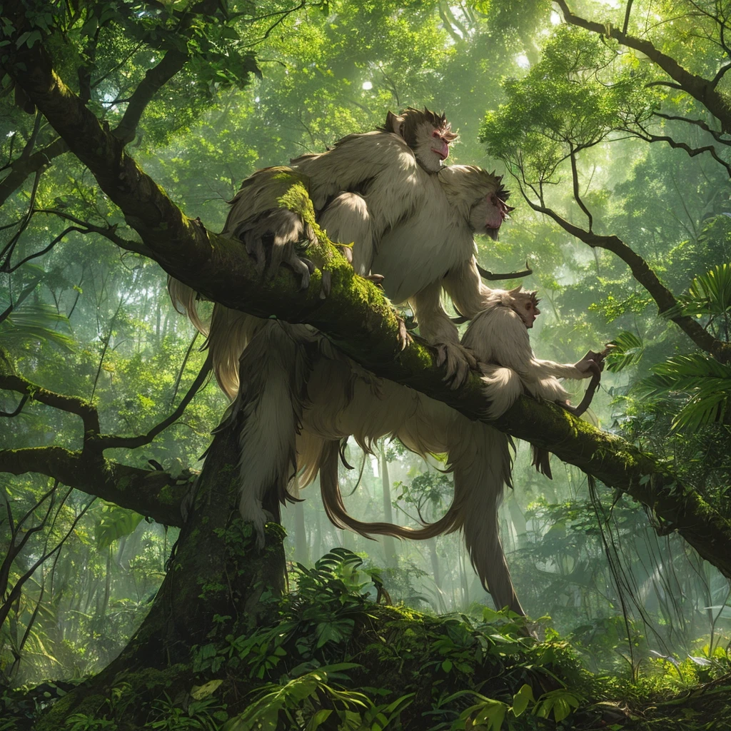 In a dense tropical forest, a lush scenery reveals itself under the light filtered by the treetops. Twisted branches form a verdant tangle where monkeys of different species and coats hang skillfully. Their serious looks and varied expressions denote curiosity mixed with distrust., carefully watching every movement around, with a war and dark scenario.