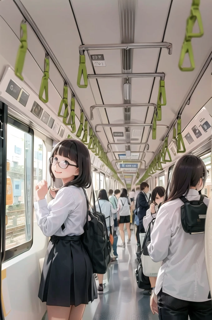 Highest quality, Super detailed, figure,
Multiple Girls, , Black Hair, Glasses, school bag, smile, Laughter, View your viewers, crowded train、Lots of girls、１man、Stand behind the girl、Touching her butt、
e235, Inside the train, scenery, Sheet, window, screen, Realistic, photograph background, photograph (Moderate), photographRealistic, close
 