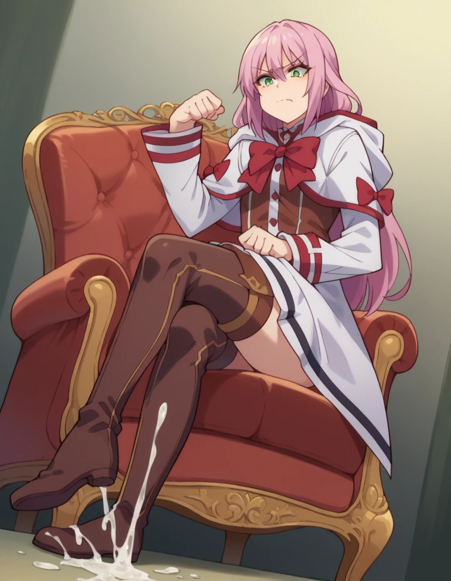 norn clatalissa jioral, 1girl, long hair, hair between eyes, green eyes, pink hair, long sleeves, dress, bow, red bow, hood, robe, white robe, arm rest, armchair, bdsm, thigh high boots, chair, femdom, from below, cbt, trampling, boots crushing penis, stepped_on, penis, shoe_soles, leg_up, sadism, cum on boots, nsfw, stepping on balls, trampling penis and balls, disgusted face