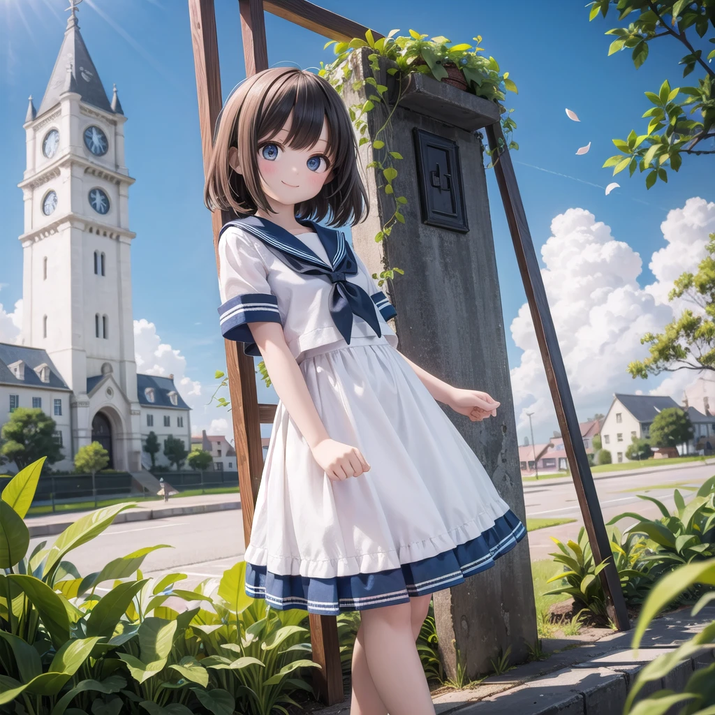(masterpiece), town, blue sky, One Girl, smile, alone, Sailor suit、Long skirt, Overgrown, petal, plant、Skirt lining、Translucent slip