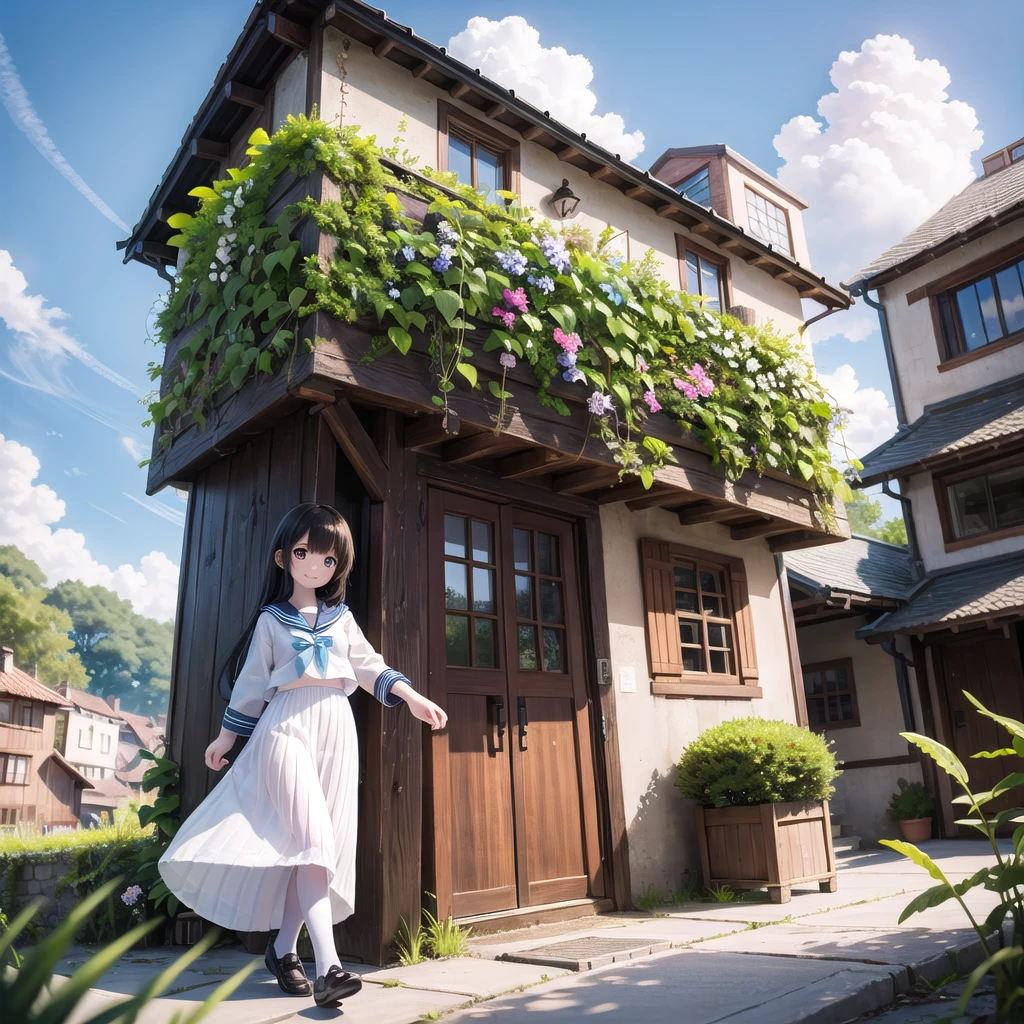 (masterpiece), town, blue sky, One Girl, smile, alone, Sailor suit、Long skirt, Overgrown, petal, plant、Skirt lining、Translucent slip