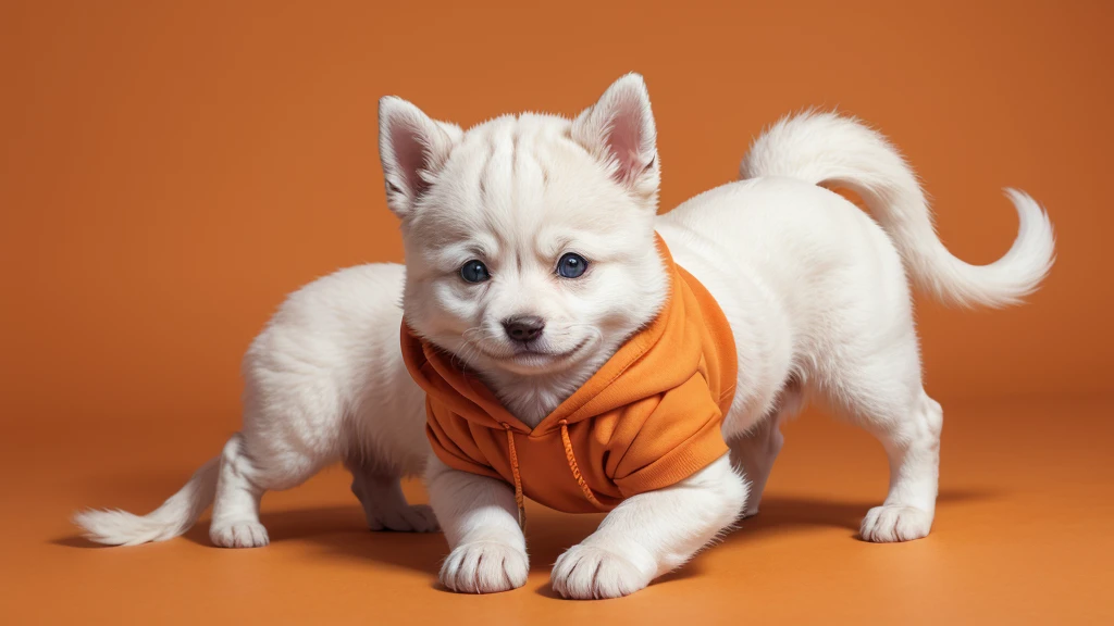 Create an image of just a Siberian Rusky puppy wearing an orange hoodie with lots of full body details on a white background