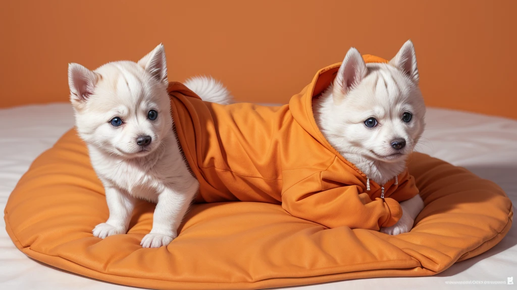 Create an image of just a Siberian Rusky puppy wearing an orange hoodie with lots of full body details on a white background