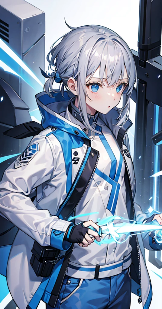 Girl，Gray Hair，Blue Eyes。Blue jacket and white long sleeves，Grey trousers，Technology，flat chest，Holding a sickle。