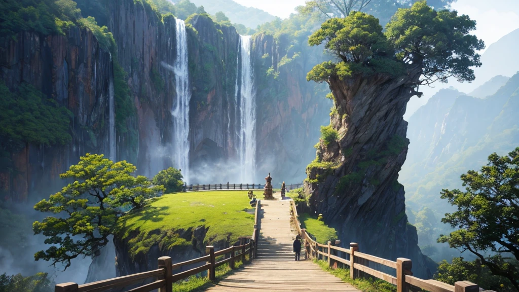 a large statue of a seated figure, looks like Buddha, is placed on a circular platform on a large rock surrounded by verdant landscape and steep cliffs. A waterfall can be seen on the left side in the background. Fog or low clouds cover the lower part of the cliffs and waterfalls, creates a mysterious atmosphere for the scene. A wooden bridge leads from the front to the base of the statue, with some people visible on the bridge, suggests this was a place of visitation or pilgrimage. The scene seemed peaceful and majestic, perhaps impressed by its natural beauty and scale.
1
trendingpics.featuring