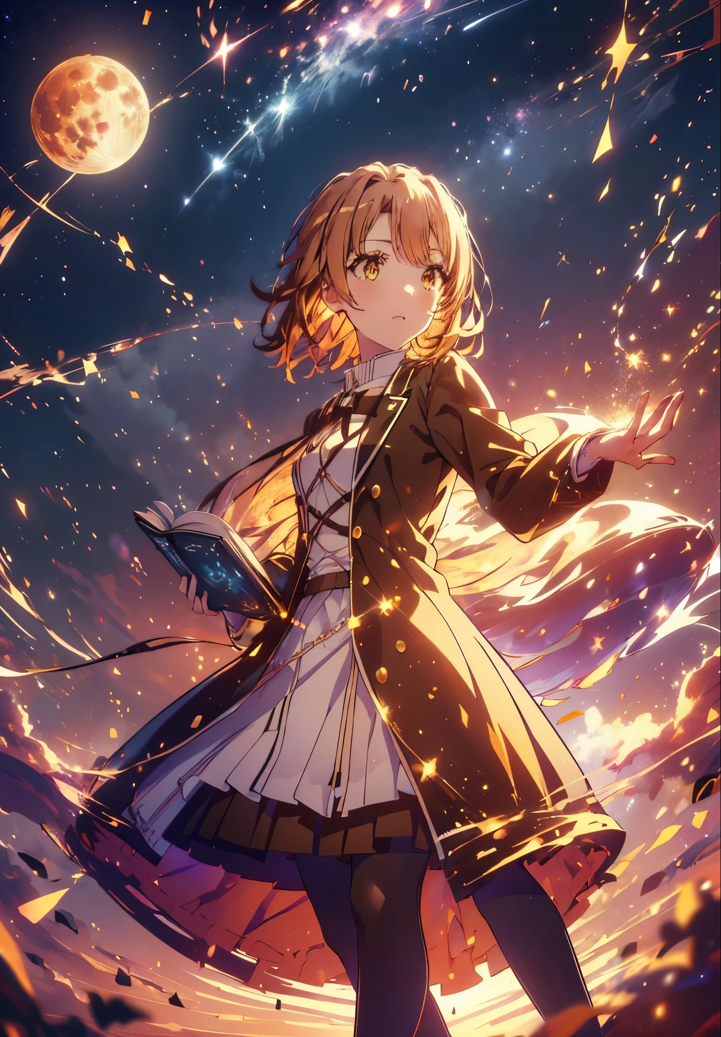 Irohaisshiki, isshiki iroha, Short Hair, Brown Hair, (Brown eyes:1.5), smile,((Night Sky)),((Big full moon)),((Sparkling and colorful stars)),Fluffy hair,((Idol style costume with soft volume)),Long skirt,Pointed shoes,Holding a magic book in his right hand,Uses magic with left hand,((witch)),Rubik&#39;s Square,So that the whole body goes into the illustration,
break outdoors, forest,forest
break looking at viewer,Upper Body,
break (masterpiece:1.2), Highest quality, High resolution, unity 8k wallpaper, (shape:0.8), (Narrow and beautiful eyes:1.6), Highly detailed face, Perfect lighting, Highly detailed CG, (Perfect hands, Perfect Anatomy),