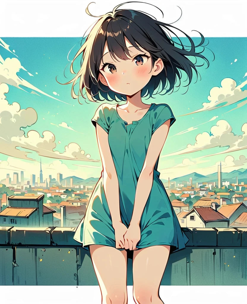 (Person Standing on the Rooftop:1.3),Girl on the rooftop,Simple lineinimalism,Abstract Art,City background, urge to pee, covering crotch with two hands, knees together, feet apart, open eyes