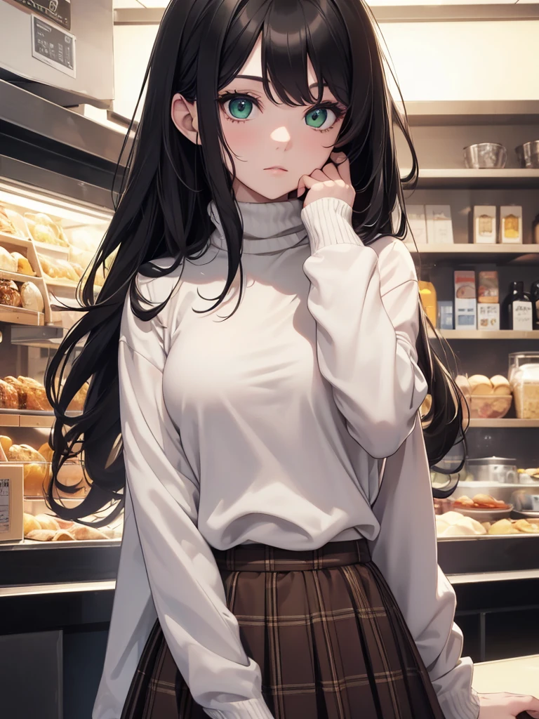 (8K, Best Quality, Masterpiece, Ultra High Resolution) 1 Girl, Beautiful Eyes, Face Details, Black Hair, Long Hair, Green Eyes, Pale Skin, Turtleneck Shirt, Plaid Skirt, Cafe, Tokyo, Best Quality, Upper Body, Looking at the Viewer, Facing Viewer, Close Up