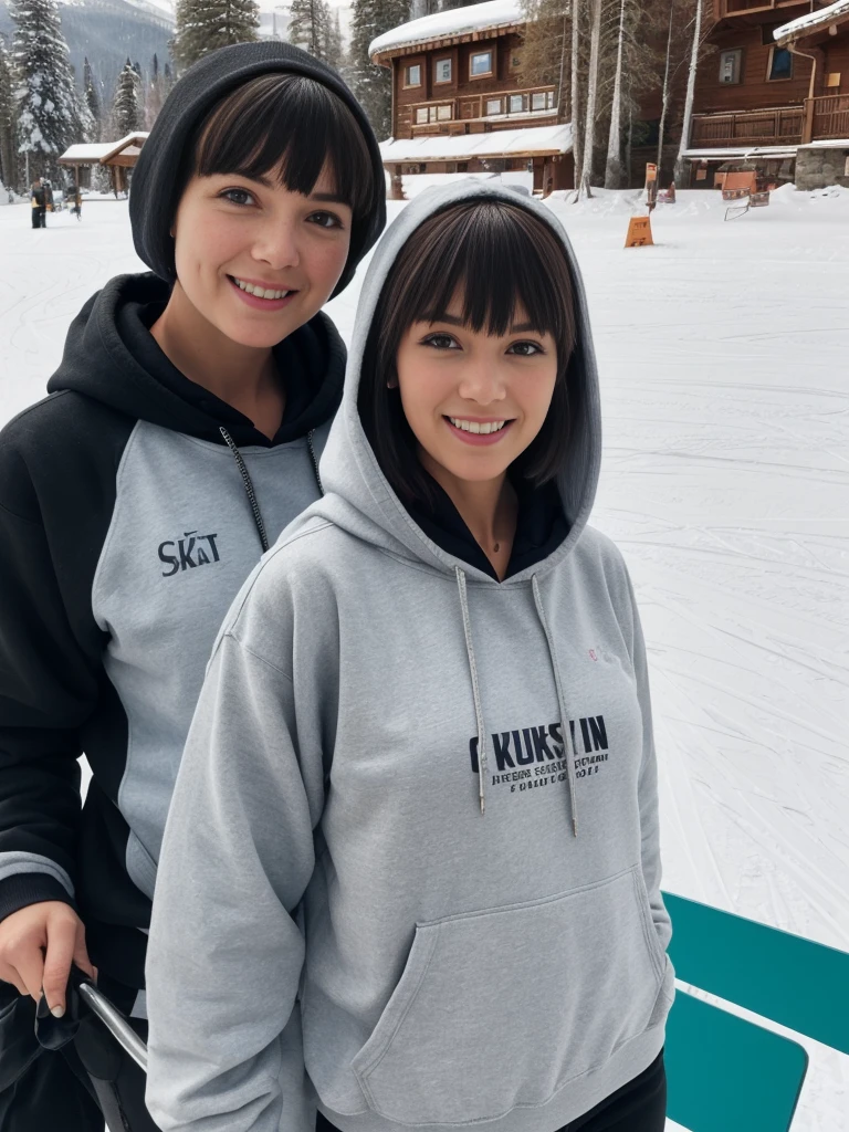 1girl, solo, realistic, her name is Cathlyn, she is a Caucasian brunette, 30 years old, mature face and body, smiling, short hair with bangs, chubby, wearing a hoodie outside ski resorts in Russia, (((wide shot))), short hair