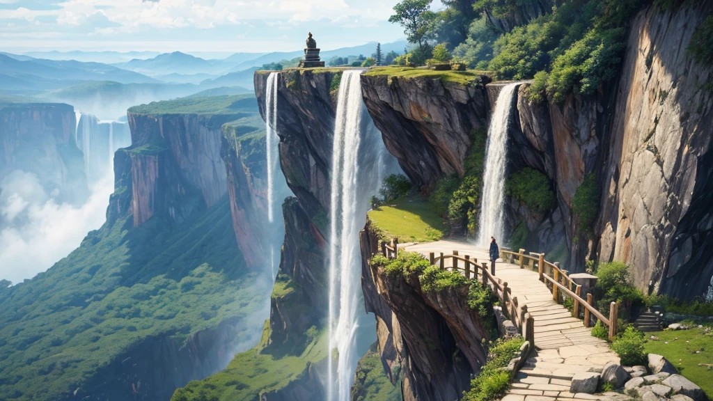 a large statue of a seated figure, looks like Buddha, is placed on a circular platform on a large rock surrounded by verdant landscape and steep cliffs. A waterfall can be seen on the left side in the background. Fog or low clouds cover the lower part of the cliffs and waterfalls, creates a mysterious atmosphere for the scene. A wooden bridge leads from the front to the base of the statue, with some people visible on the bridge, suggests this was a place of visitation or pilgrimage. The scene seemed peaceful and majestic, perhaps impressed by its natural beauty and scale.

1

trendingpics.featuring
