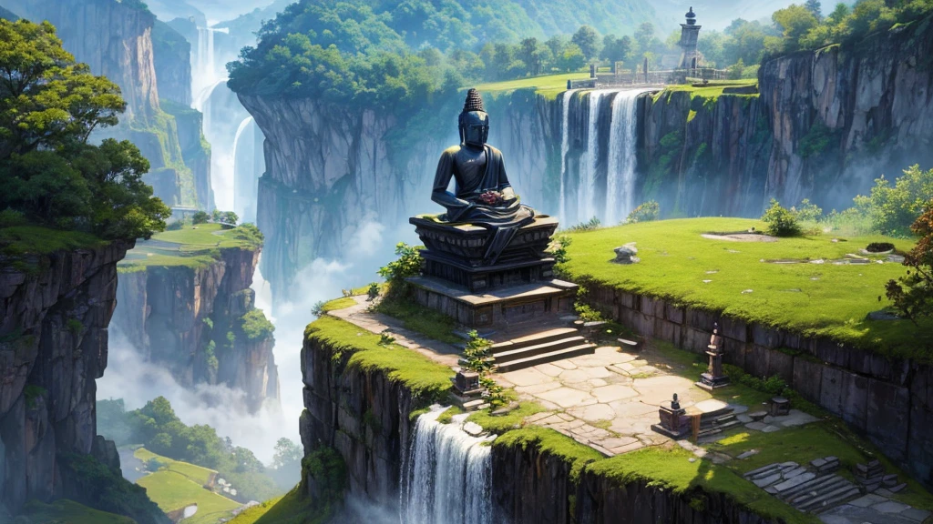 a large statue of a seated figure, looks like Buddha, is placed on a circular platform on a large rock surrounded by verdant landscape and steep cliffs. A waterfall can be seen on the left side in the background. Fog or low clouds cover the lower part of the cliffs and waterfalls, creates a mysterious atmosphere for the scene. A wooden bridge leads from the front to the base of the statue, with some people visible on the bridge, suggests this was a place of visitation or pilgrimage. The scene seemed peaceful and majestic, perhaps impressed by its natural beauty and scale.

1

trendingpics.featuring