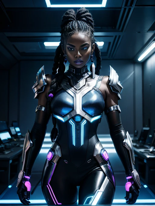 A striking black woman in an imposing futuristic post-apocalyptic cyberpunk environment full of technological details. The woman has rich, deep skin, with ebony tones that glow under the scene's neon lighting. Her hair is a bold combination of dreadlocks and braids, decorated with metallic threads and small LEDs that blink softly, reflecting the colorful lights in the room. His face is sculpted with strong, elegant features, highlighting piercing eyes that glow with a cybernetic blue intensity. She wears metallic makeup, with silver shadows and lips painted an intense purple, adding a touch of mystery and power. His athletic body is encased in a futuristic combat suit made from synthetic and metallic materials. The look is a combination of black, silver and neon blue, with details that suggest high technology, such as embedded circuits and light panels. Plates of armor protect his shoulders, arms, and legs, while cables and wires connect to devices on his body, indicating a perfect fusion between human and machine. giving it a lively and dynamic appearance, Hyper Realistic, Cinematic.