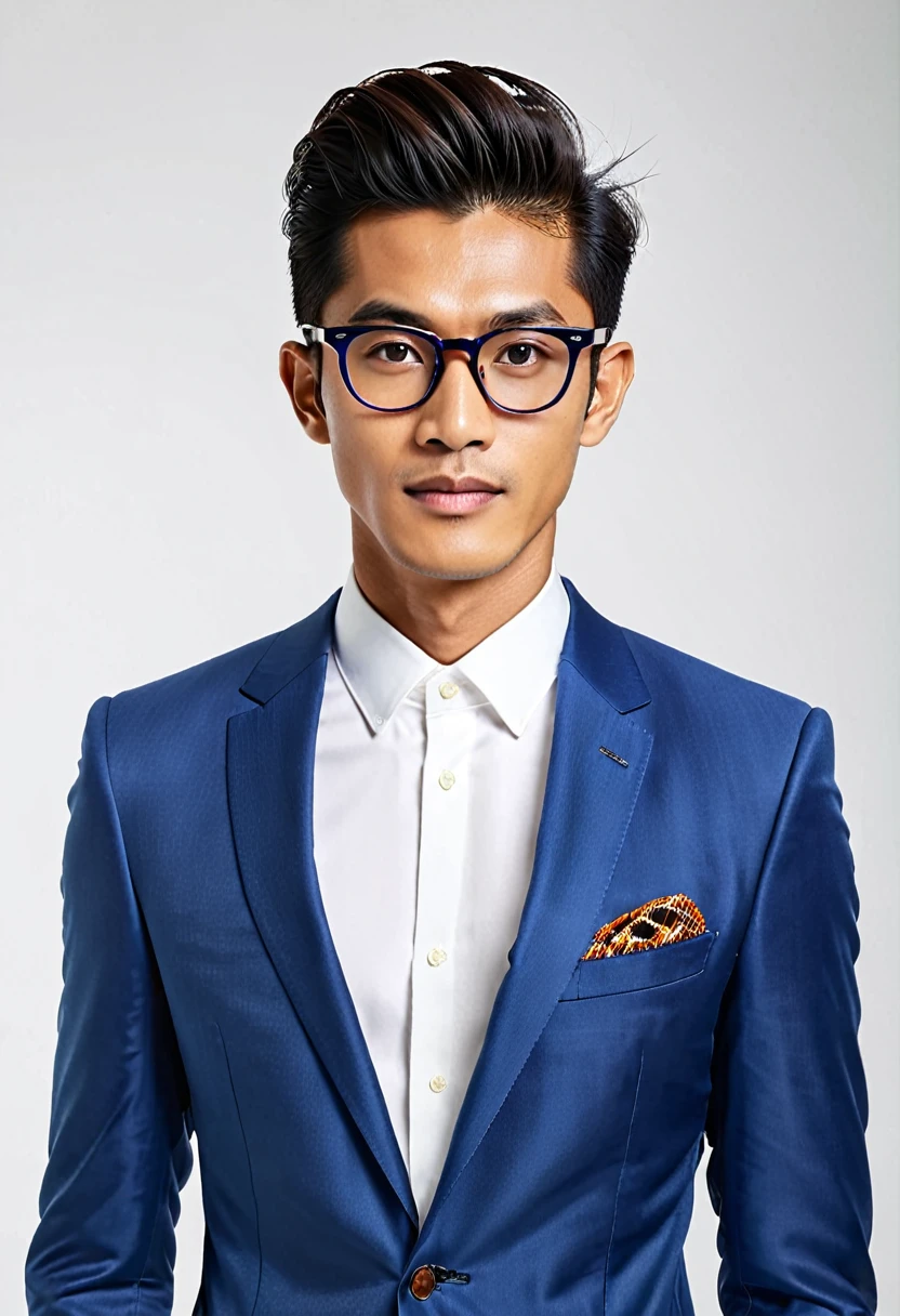 typical indonesian man, skinny oval face shape with glasses, 25 years young, pompadour hairstyle, wearing blue suite, professional pose, facing camera, middle shot, realistic, highres, detailed, best quality, masterpiece, hands on sides, white plain beckground