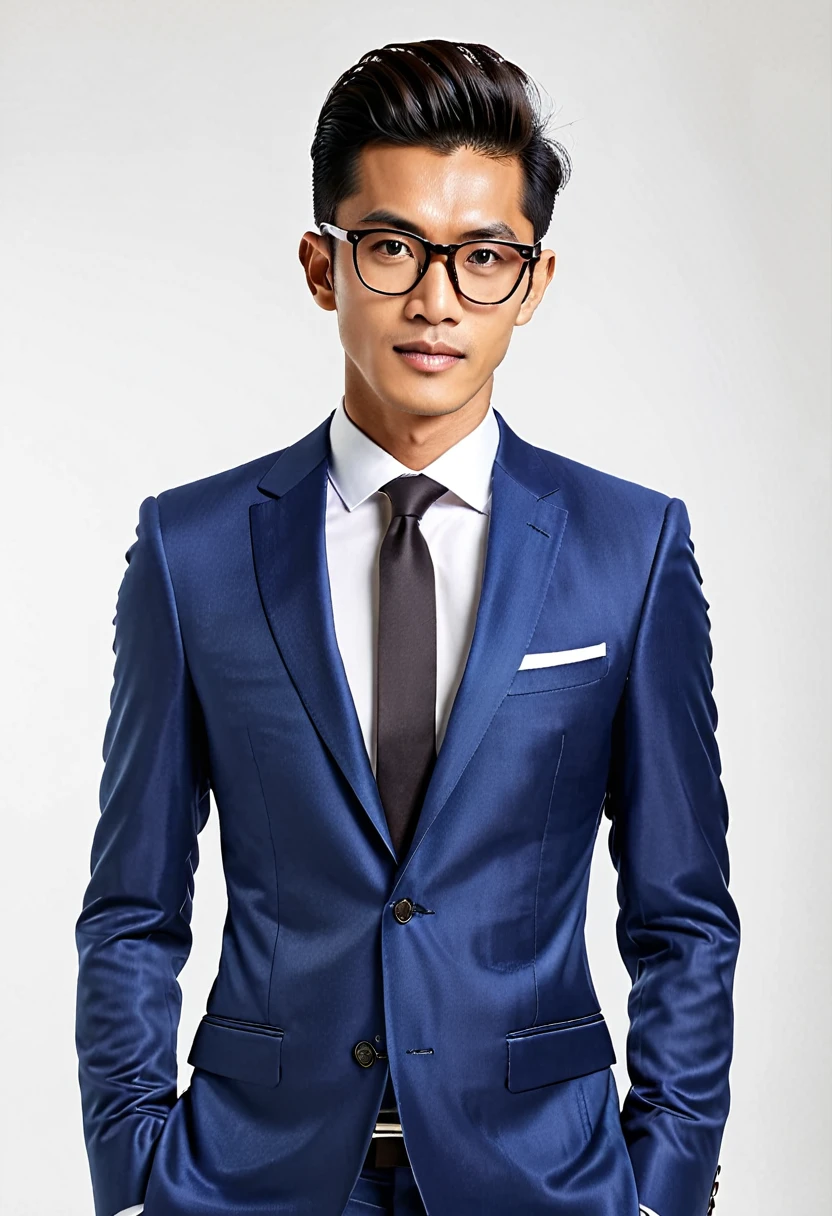 typical indonesian man, skinny oval face shape with glasses, 25 years young, pompadour hairstyle, wearing blue suite, professional pose, facing camera, middle shot, realistic, highres, detailed, best quality, masterpiece, hands on sides, white plain beckground