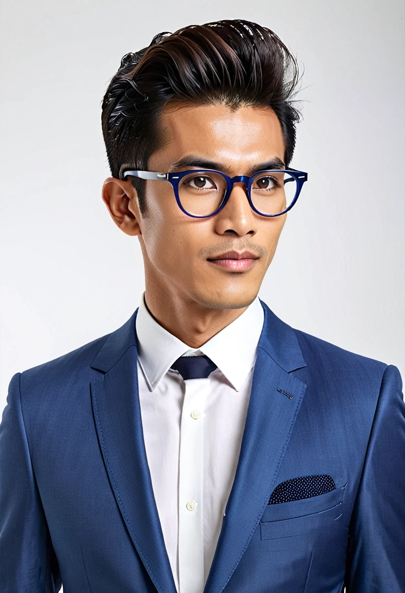 typical indonesian man, skinny oval face shape with glasses, 25 years young, pompadour hairstyle, wearing blue suite, professional pose, facing camera, middle shot, realistic, highres, detailed, best quality, masterpiece, hands on sides, white plain beckground