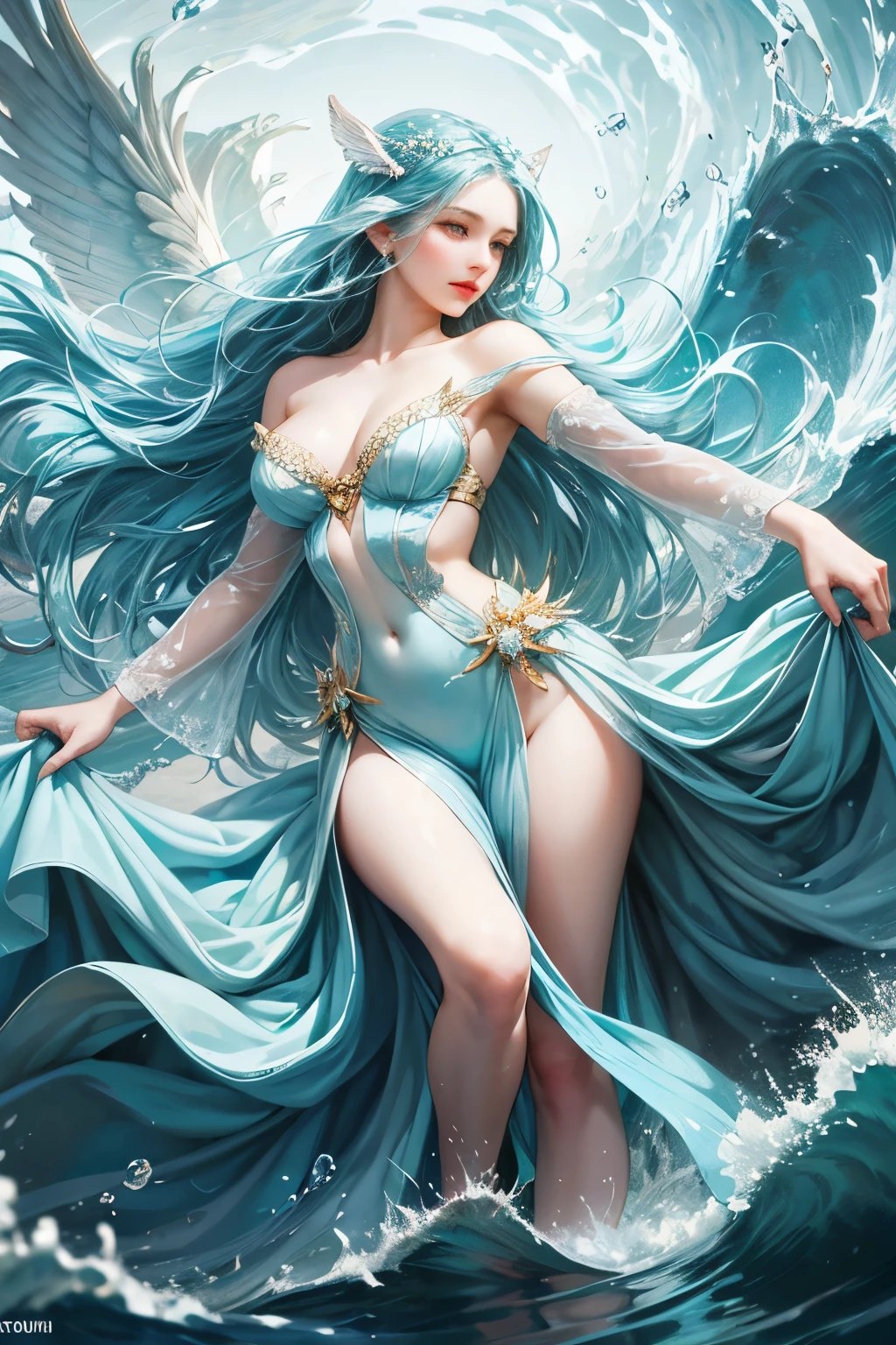 "Create a realistic and enchanting digital illustration of a beautiful female fairy with large, ethereal wings that glisten like flowing water. She should be elegantly dressed in a decent gown that reflects the colors and textures of the ocean. Surround her with dynamic waves and gentle ripples that showcase her control over the element of water. Integrate a distinctive water fairy symbol on her body, signifying her role as the keeper of water and waves, and highlighting the profound aquatic power she possesses within."