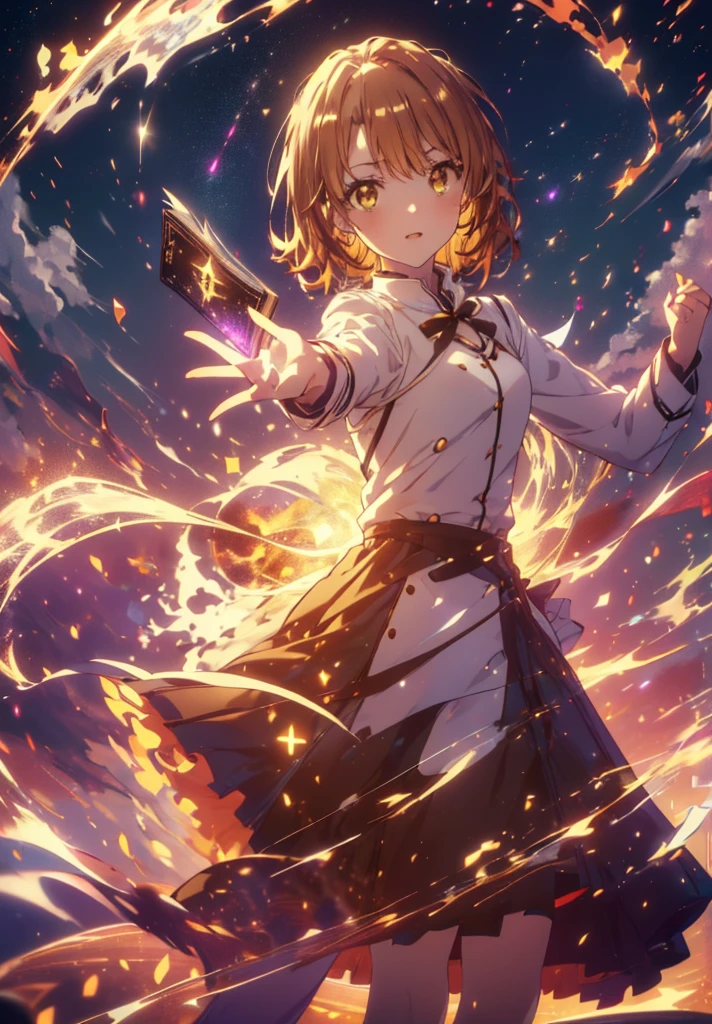 Irohaisshiki, isshiki iroha, Short Hair, Brown Hair, (Brown eyes:1.5), smile,((Night Sky)),((Big full moon)),((Sparkling and colorful stars)),Fluffy hair,((Idol style costume with soft volume)),Long skirt,Pointed shoes,Holding a magic book in his right hand,Uses magic with left hand,((witch)),Rubik's Square,So that the whole body goes into the illustration,
break outdoors, forest,forest
break looking at viewer,Upper Body,
break (masterpiece:1.2), Highest quality, High resolution, unity 8k wallpaper, (shape:0.8), (Narrow and beautiful eyes:1.6), Highly detailed face, Perfect lighting, Highly detailed CG, (Perfect hands, Perfect Anatomy),