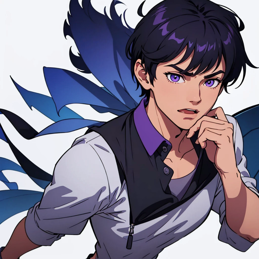 full face visible, looking towards camera, looking forward, short black hair, highres, high resolution, masterpiece, wide purple eyes, talking, neutral face, confident, masterpiece, best quality, highres, 1 man, 1 person, 1 entity, Baro Shoei blue lock, extremely short hair, black hair, short hair, teenager, colorful hair, light background, full body, teenager, colorful parts, symbols, dark , bold, realistic mixing dark lines and loose lines, bold lines, on paper, human man, full body, imposing pose, stylish outfit, dark theme, handsome, attractive, boastful, standing, male, sharp chin, wide jaw, square face, white background, highres, high resolution, masterpiece, mouth open, mouth talking, talking speaking, mouth moving